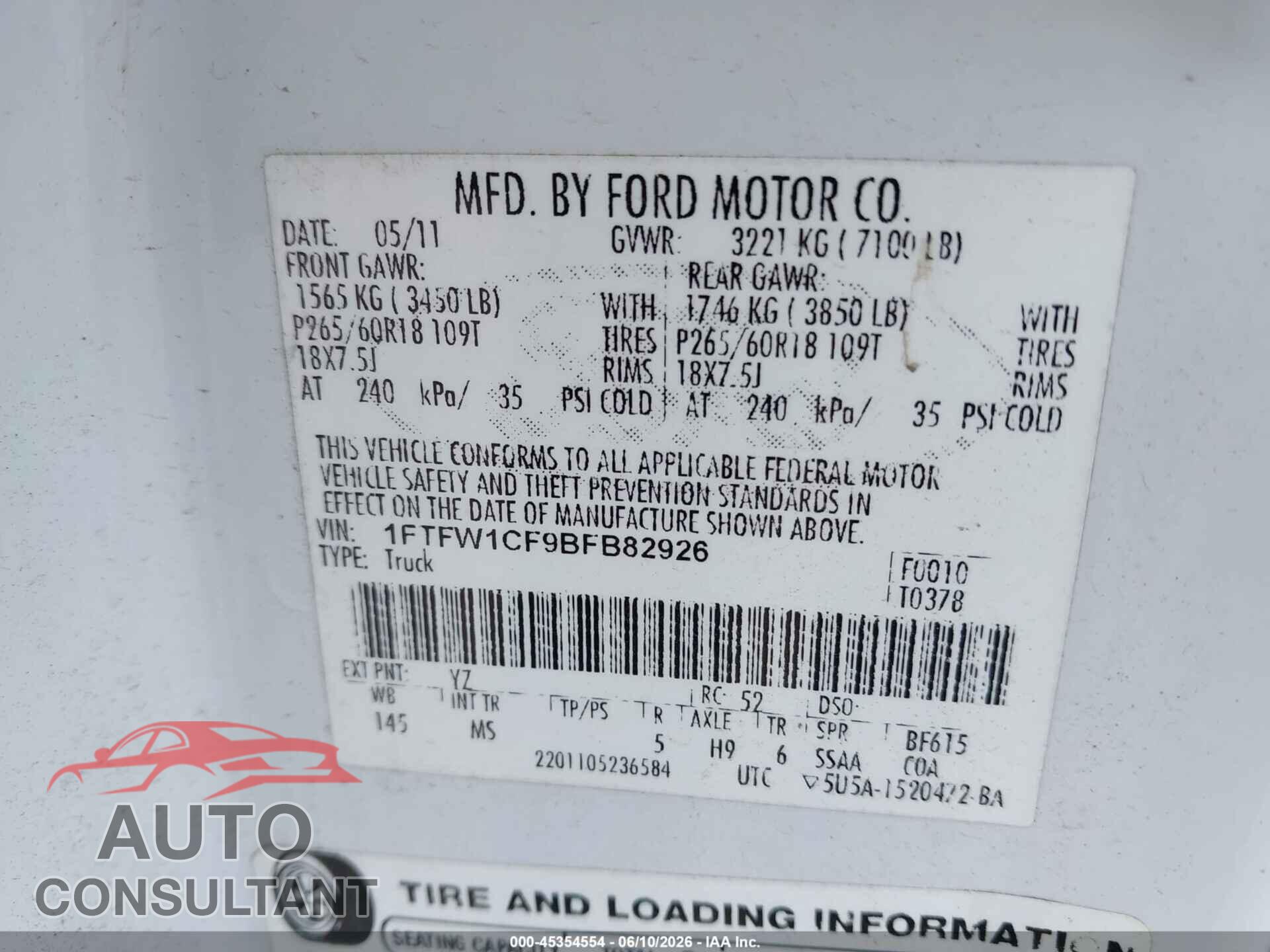 FORD F-150 2011 - 1FTFW1CF9BFB82926