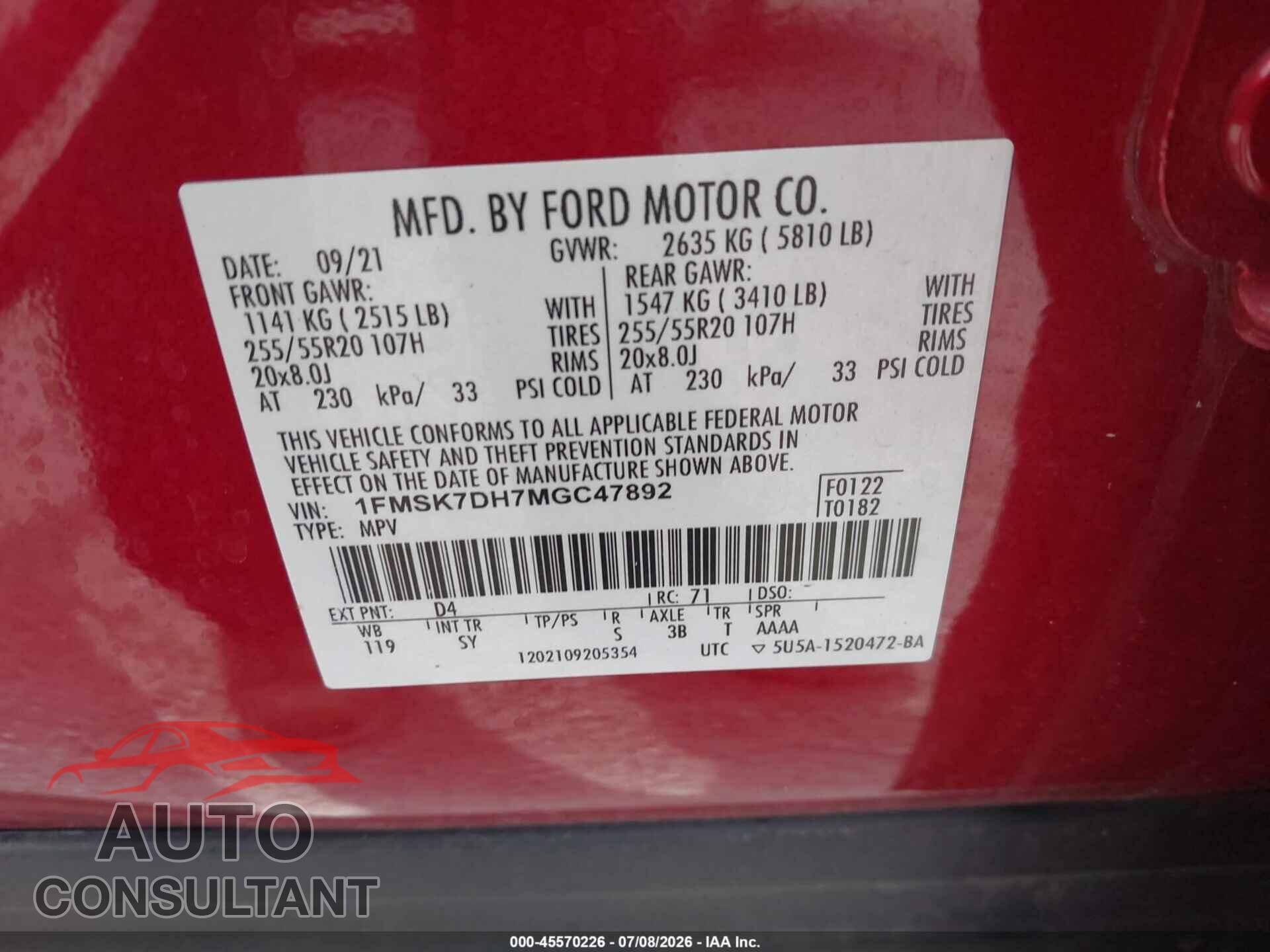FORD EXPLORER 2021 - 1FMSK7DH7MGC47892