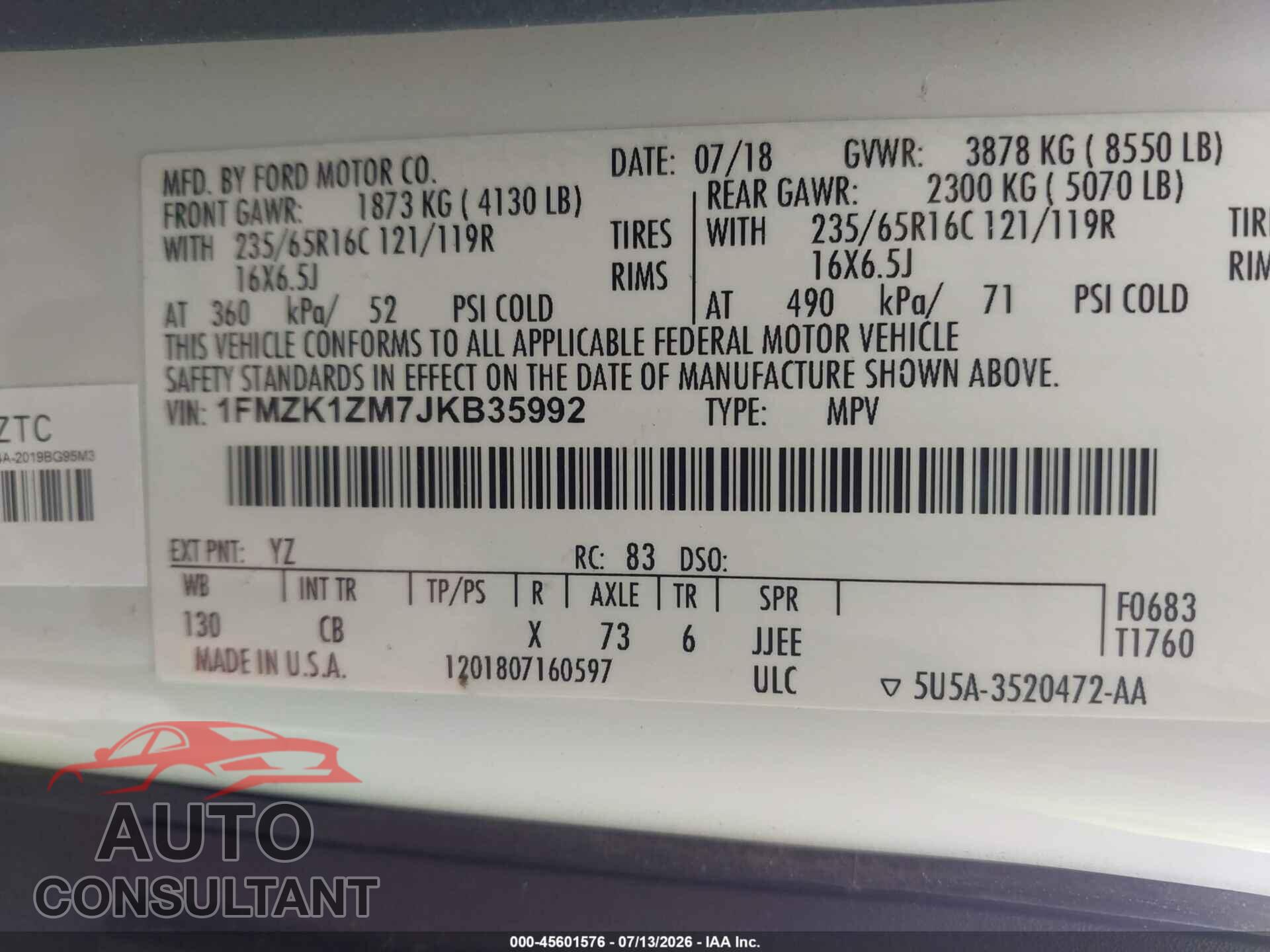 FORD TRANSIT-150 2018 - 1FMZK1ZM7JKB35992