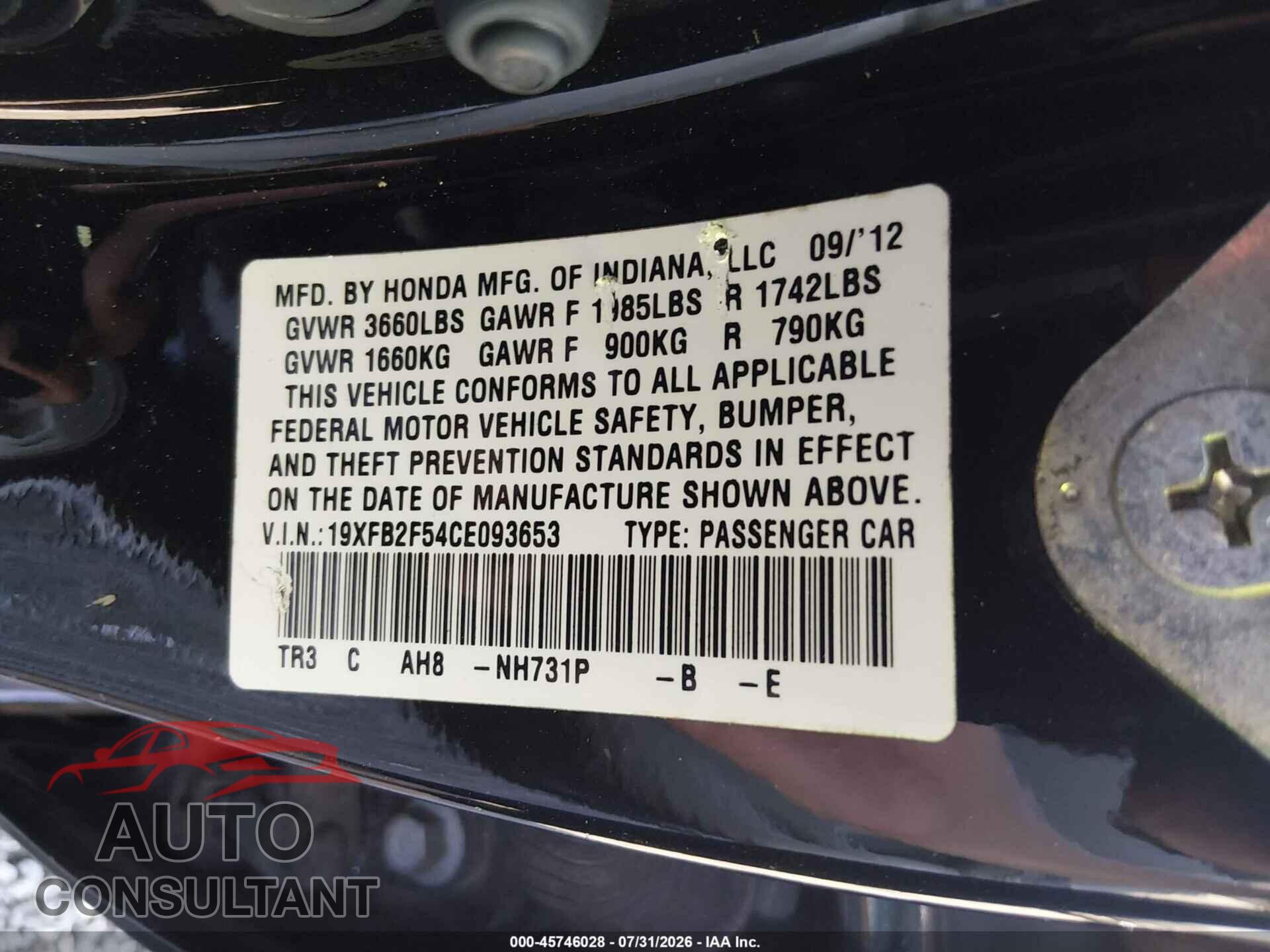 HONDA CIVIC 2012 - 19XFB2F54CE093653
