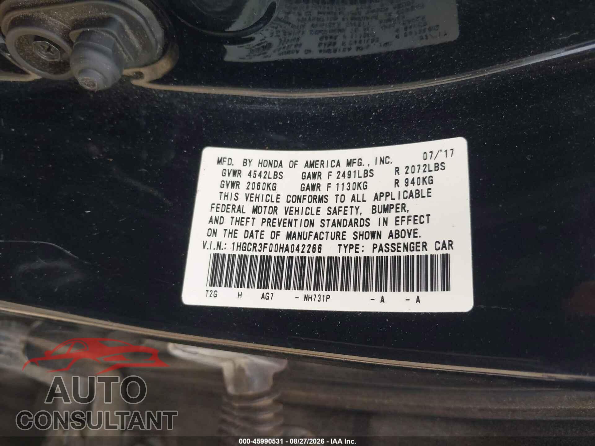 HONDA ACCORD 2017 - 1HGCR3F00HA042266