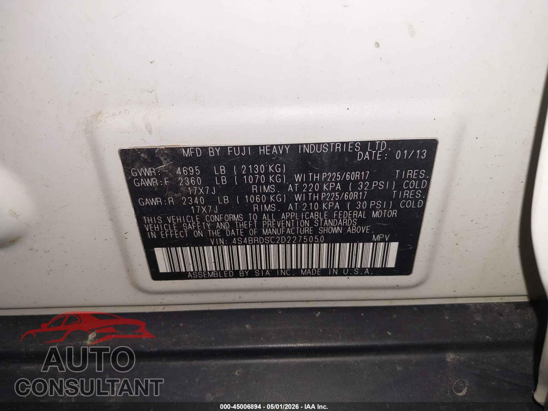 SUBARU OUTBACK 2013 - 4S4BRDSC2D2275050