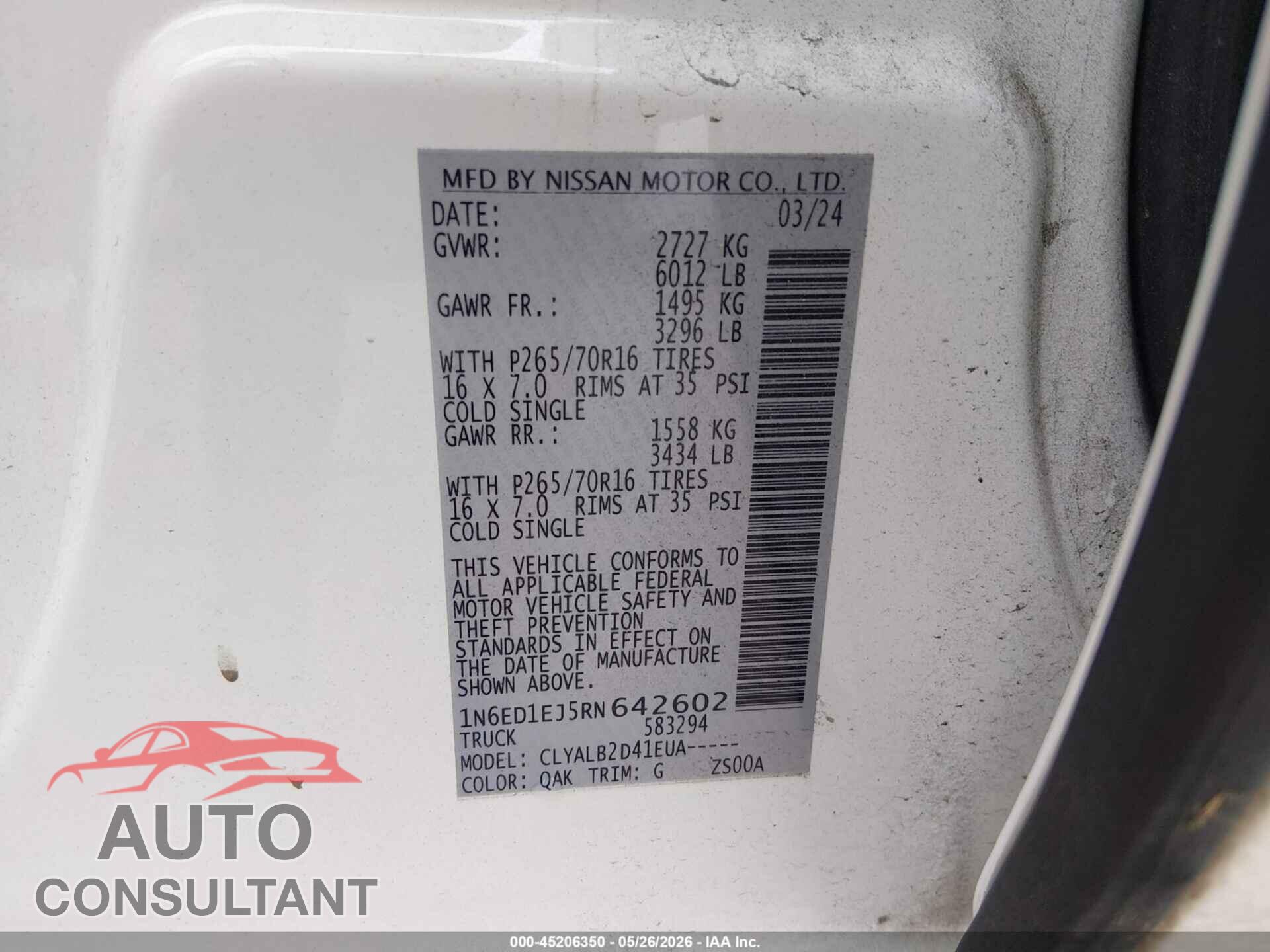 NISSAN FRONTIER 2024 - 1N6ED1EJ5RN642602