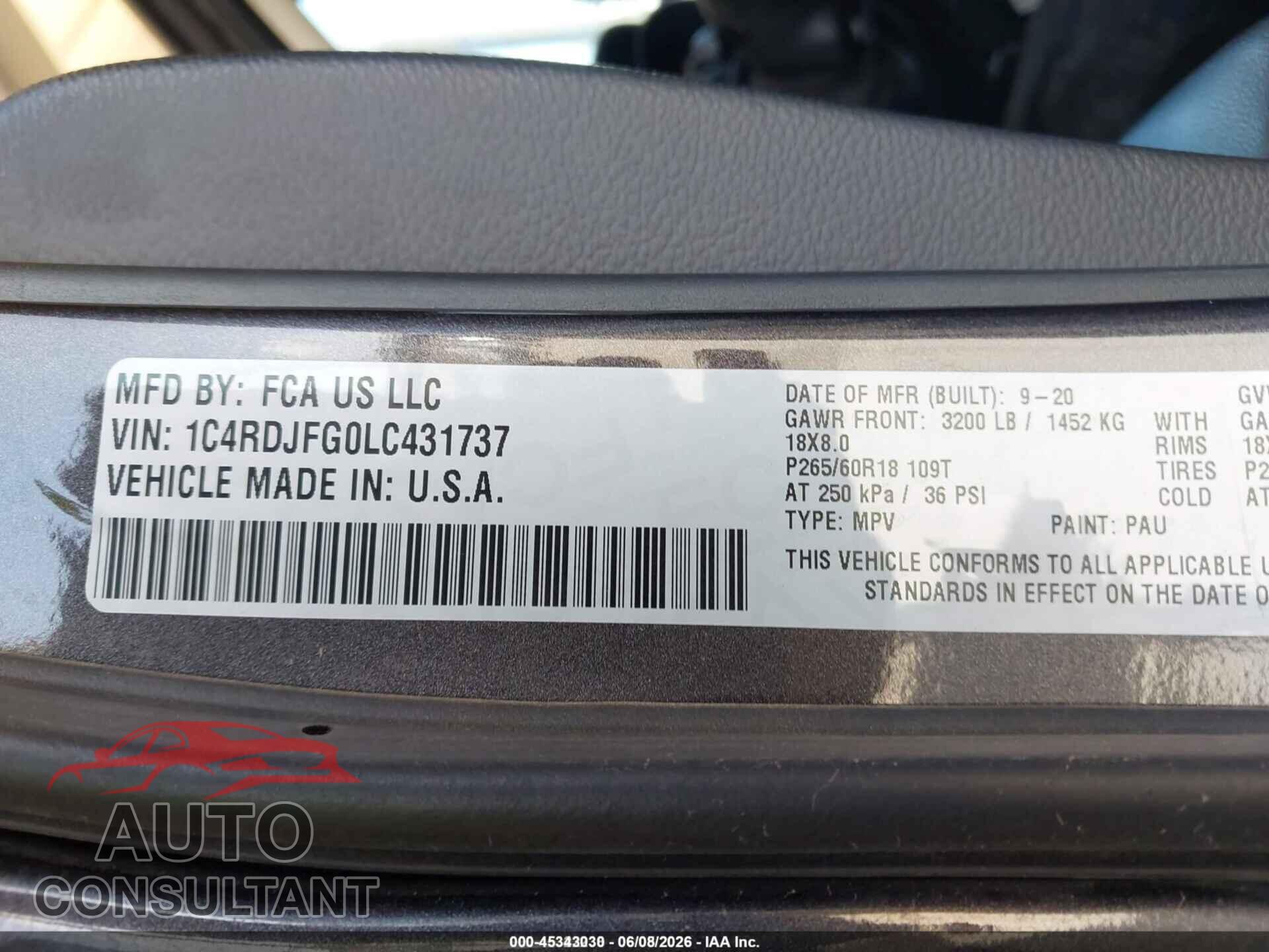DODGE DURANGO 2020 - 1C4RDJFG0LC431737