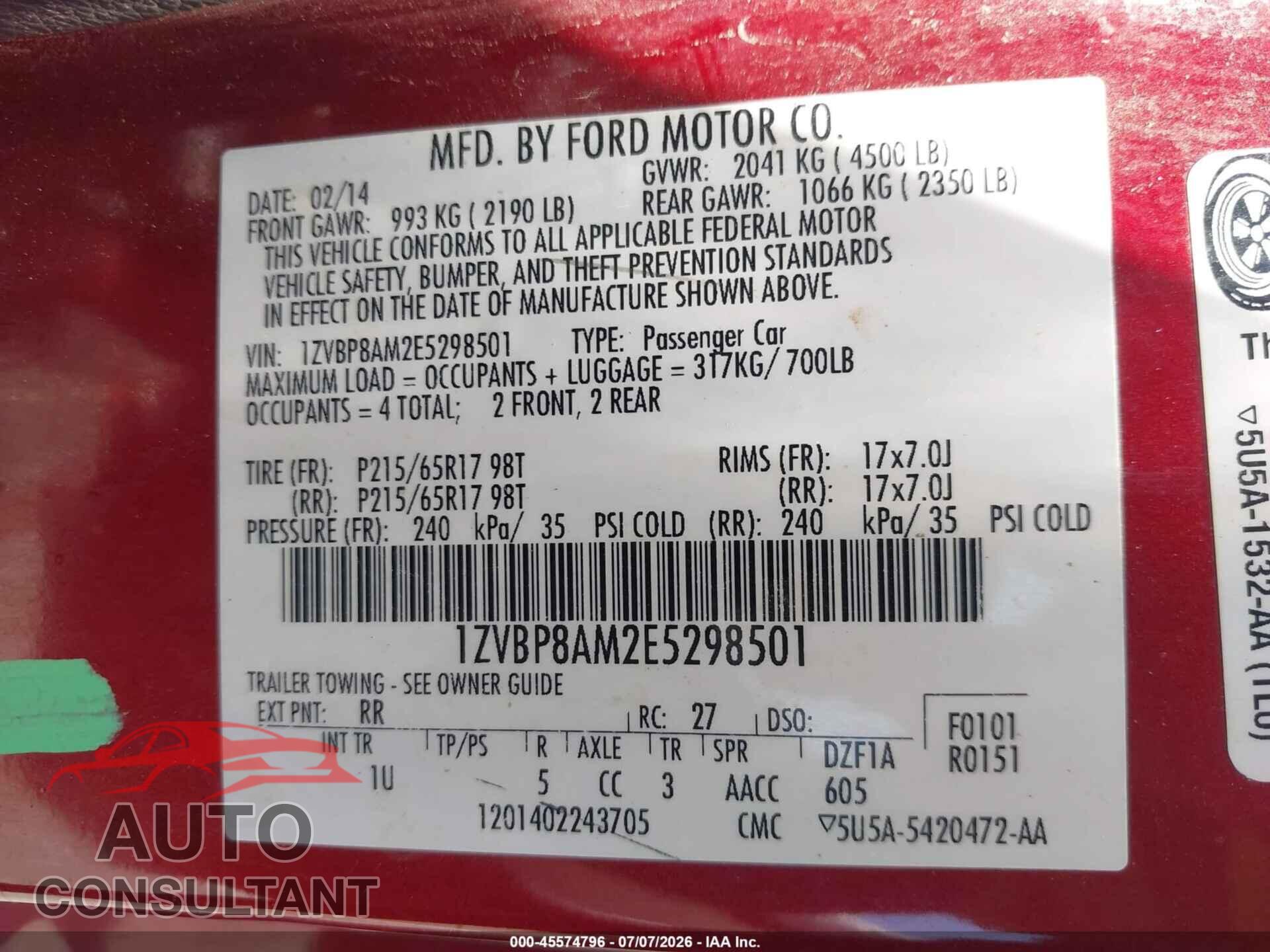 FORD MUSTANG 2014 - 1ZVBP8AM2E5298501