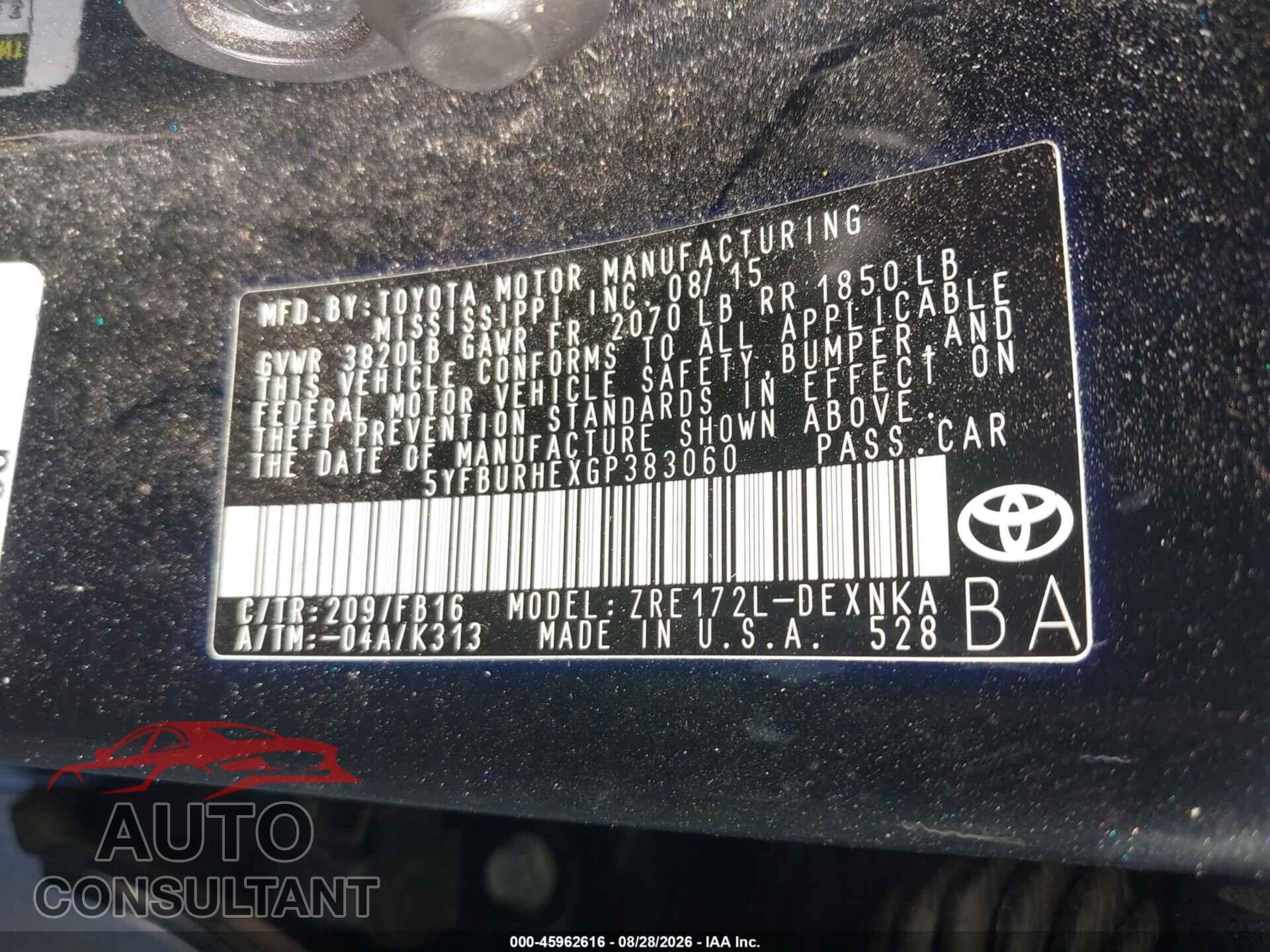 TOYOTA COROLLA 2016 - 5YFBURHEXGP383060