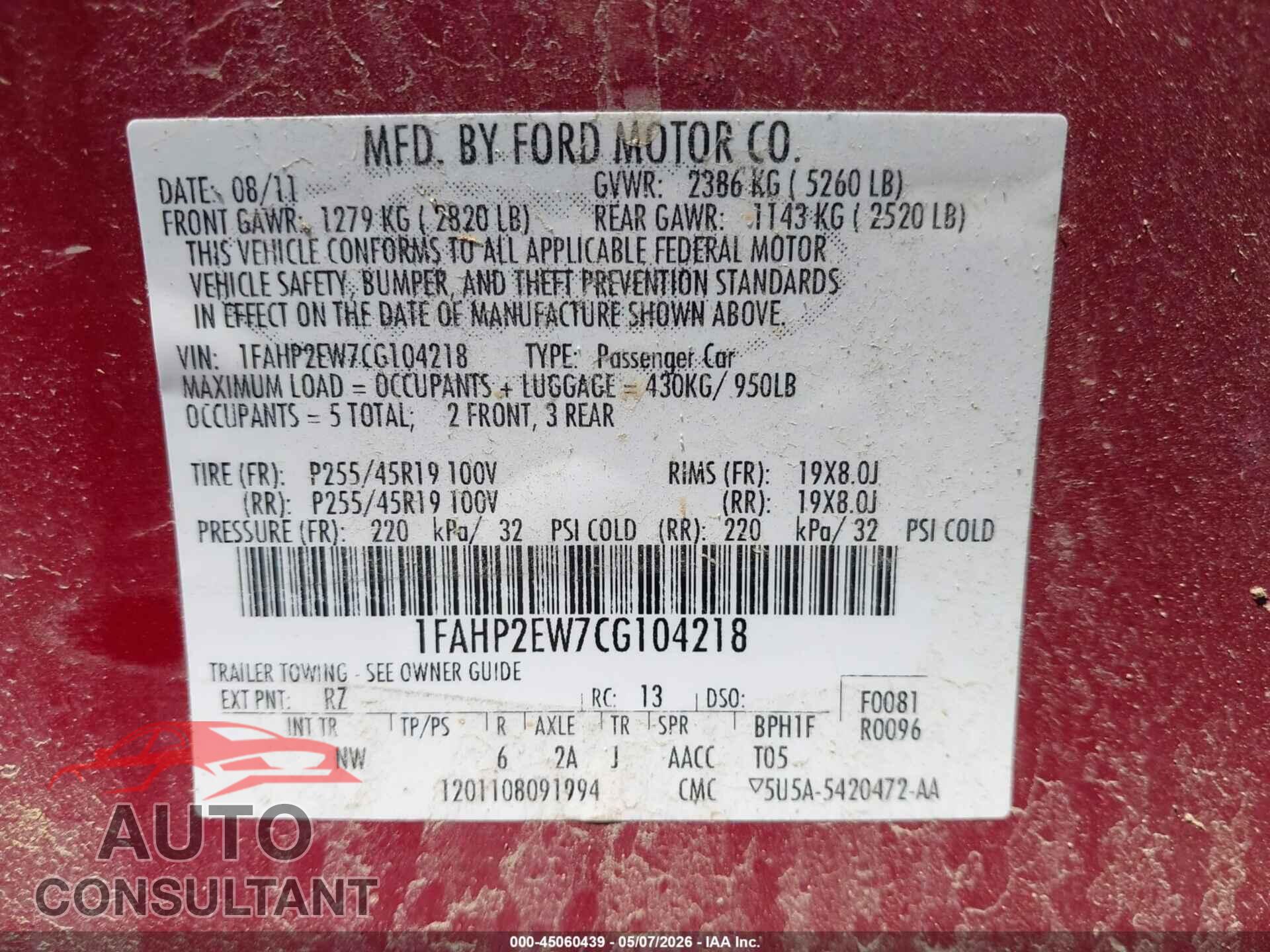 FORD TAURUS 2012 - 1FAHP2EW7CG104218