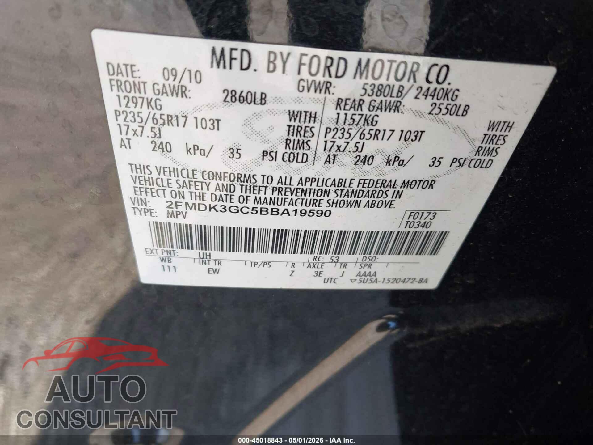 FORD EDGE 2011 - 2FMDK3GC5BBA19590