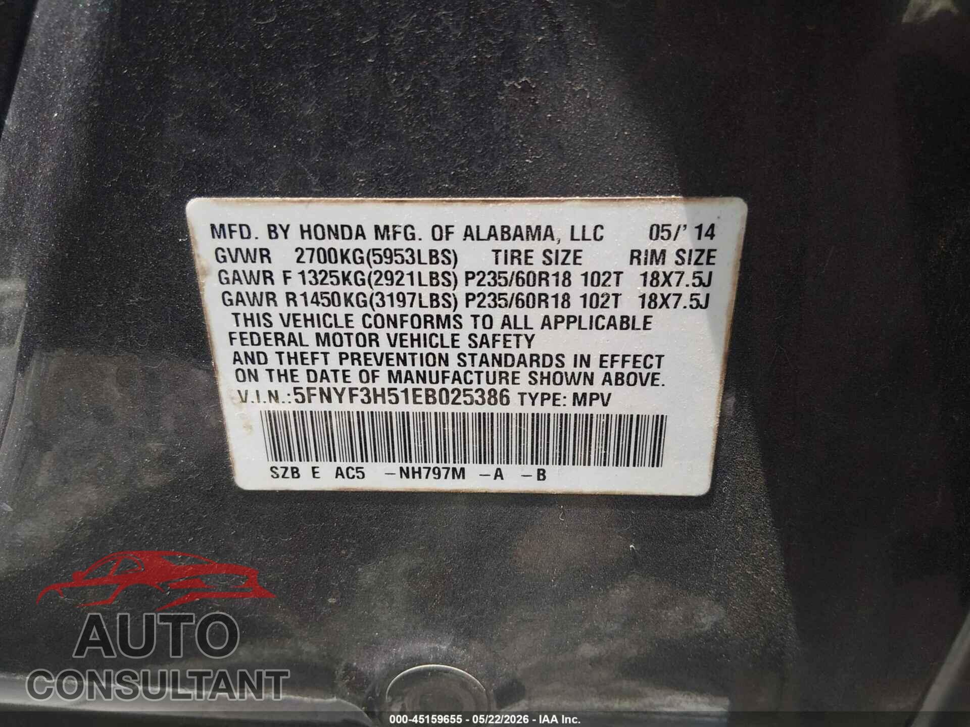 HONDA PILOT 2014 - 5FNYF3H51EB025386