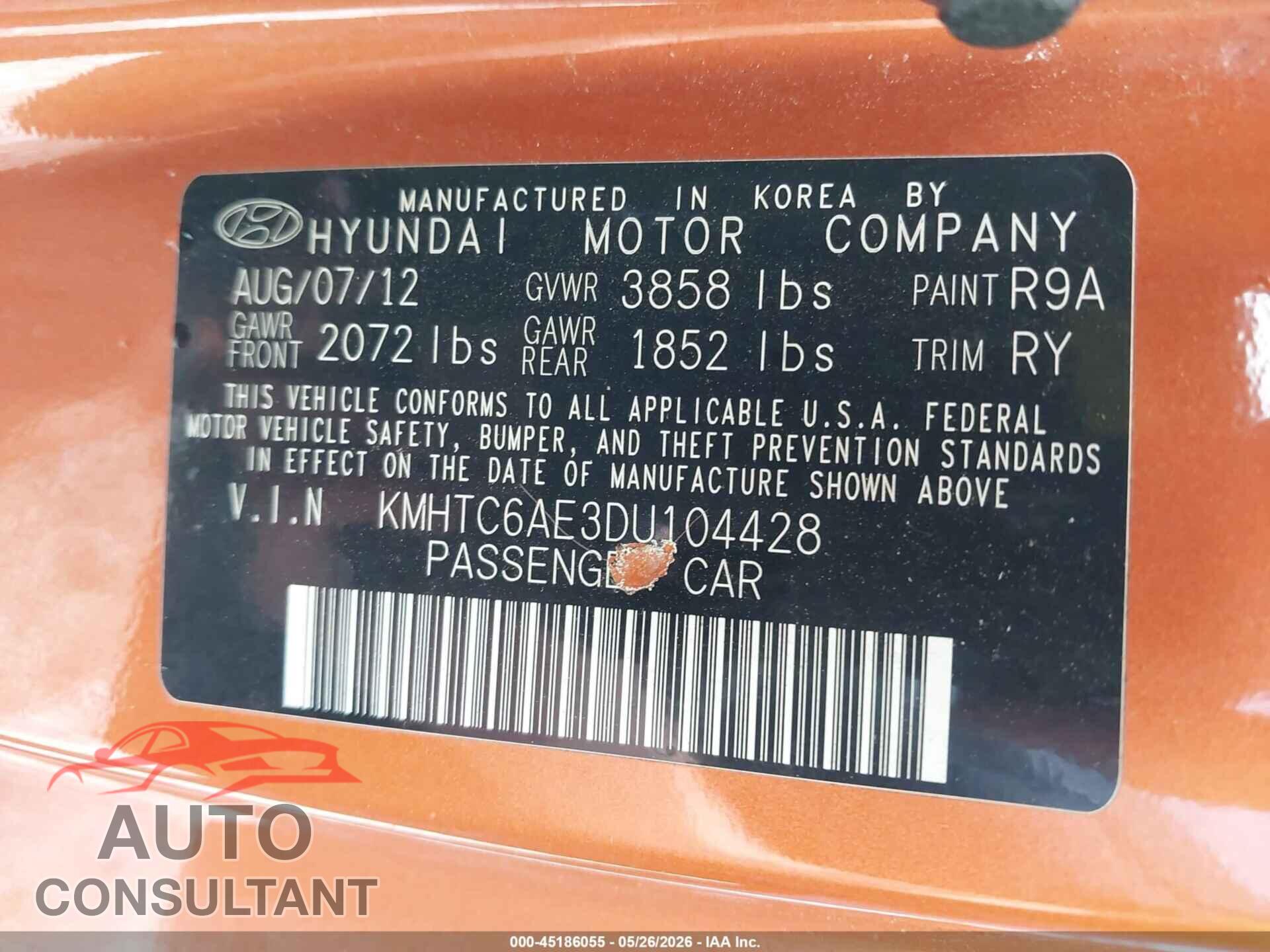HYUNDAI VELOSTER 2013 - KMHTC6AE3DU104428
