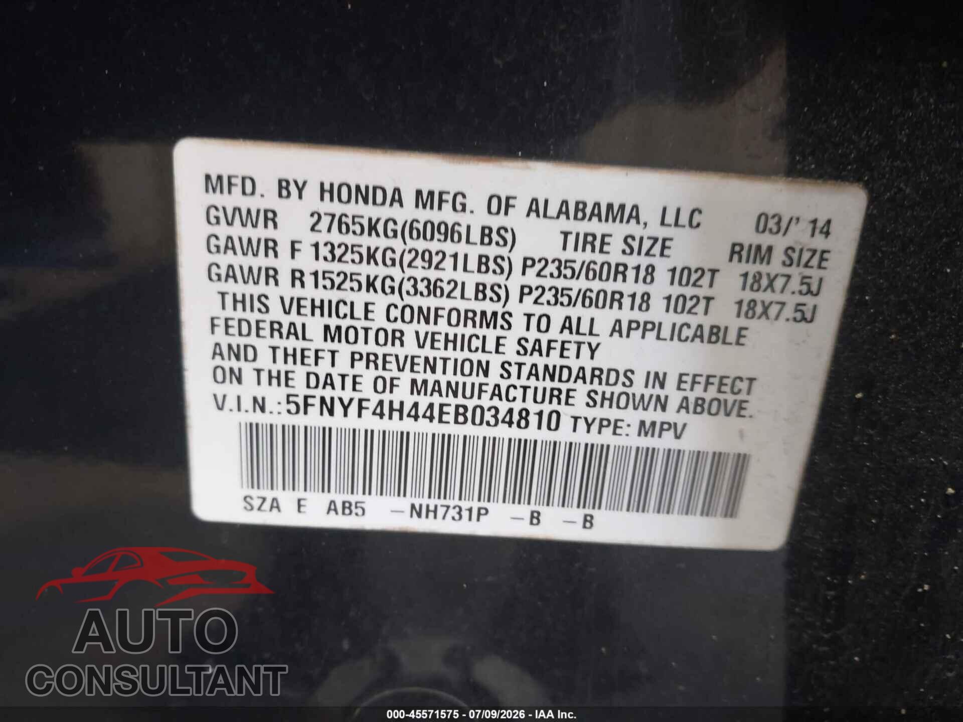 HONDA PILOT 2014 - 5FNYF4H44EB034810
