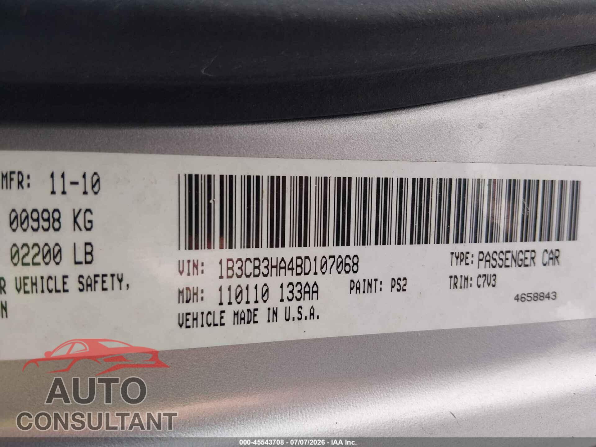 DODGE CALIBER 2011 - 1B3CB3HA4BD107068
