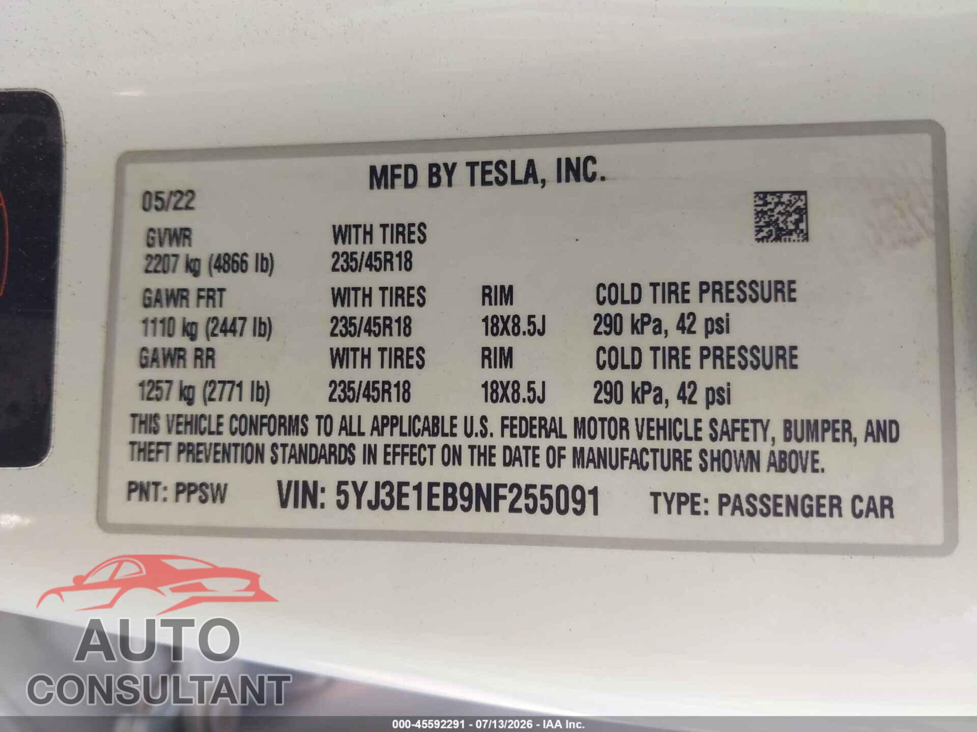 TESLA MODEL 3 2022 - 5YJ3E1EB9NF255091