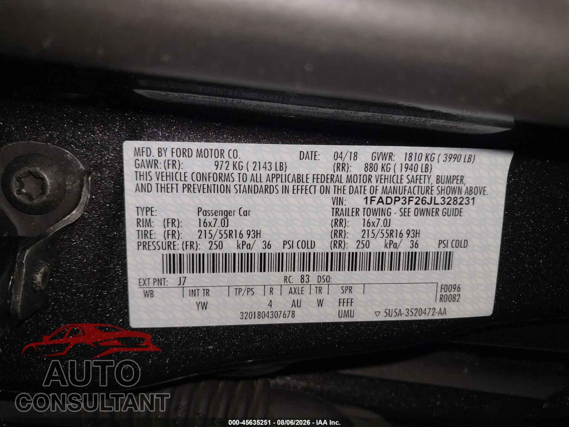 FORD FOCUS 2018 - 1FADP3F26JL328231