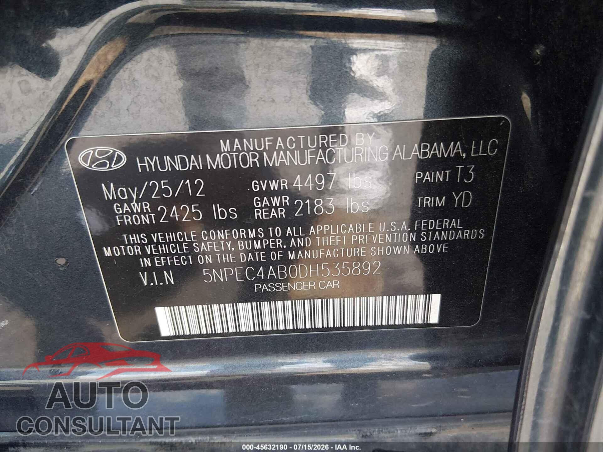 HYUNDAI SONATA 2013 - 5NPEC4AB0DH535892
