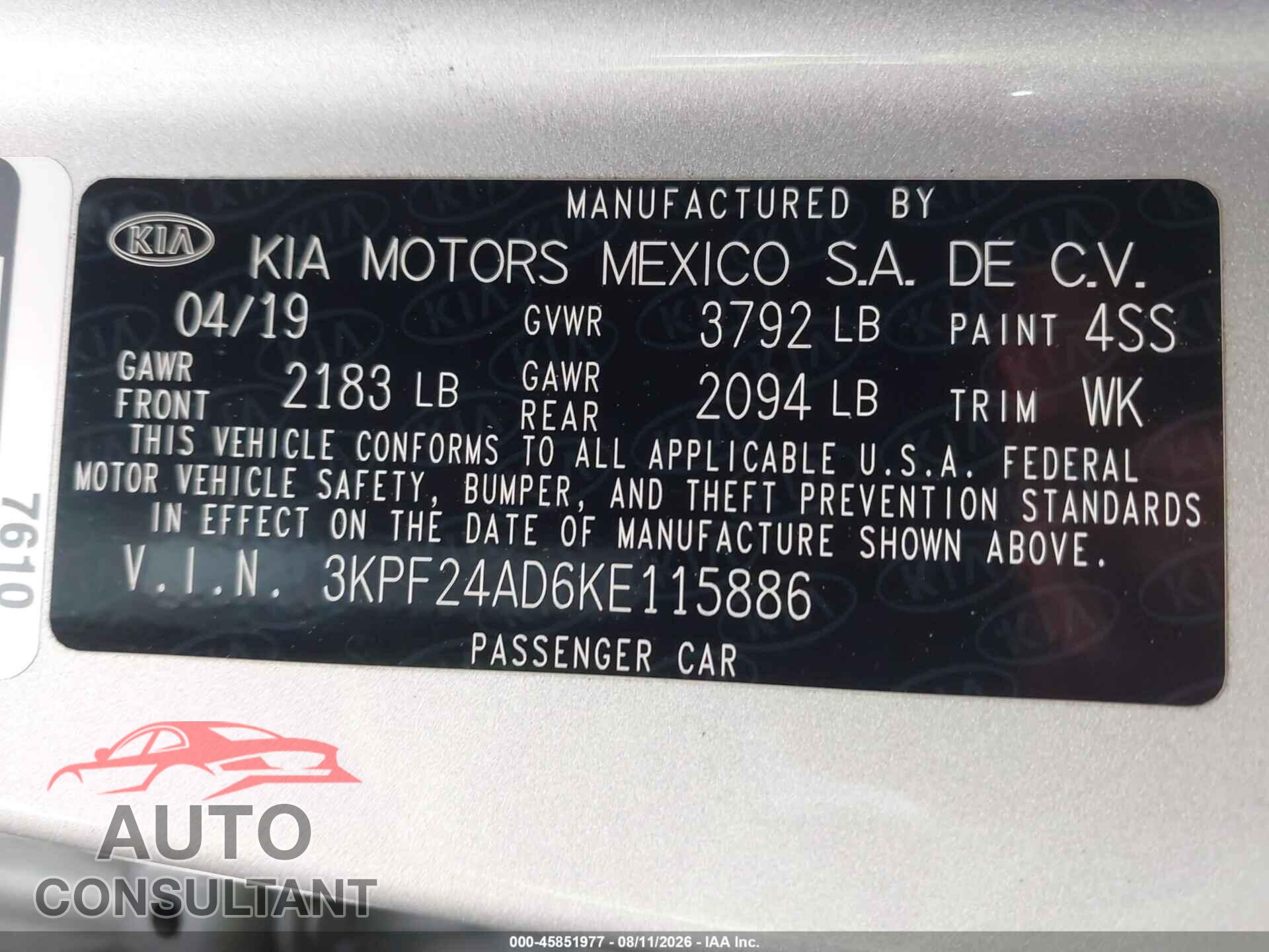 KIA FORTE 2019 - 3KPF24AD6KE115886