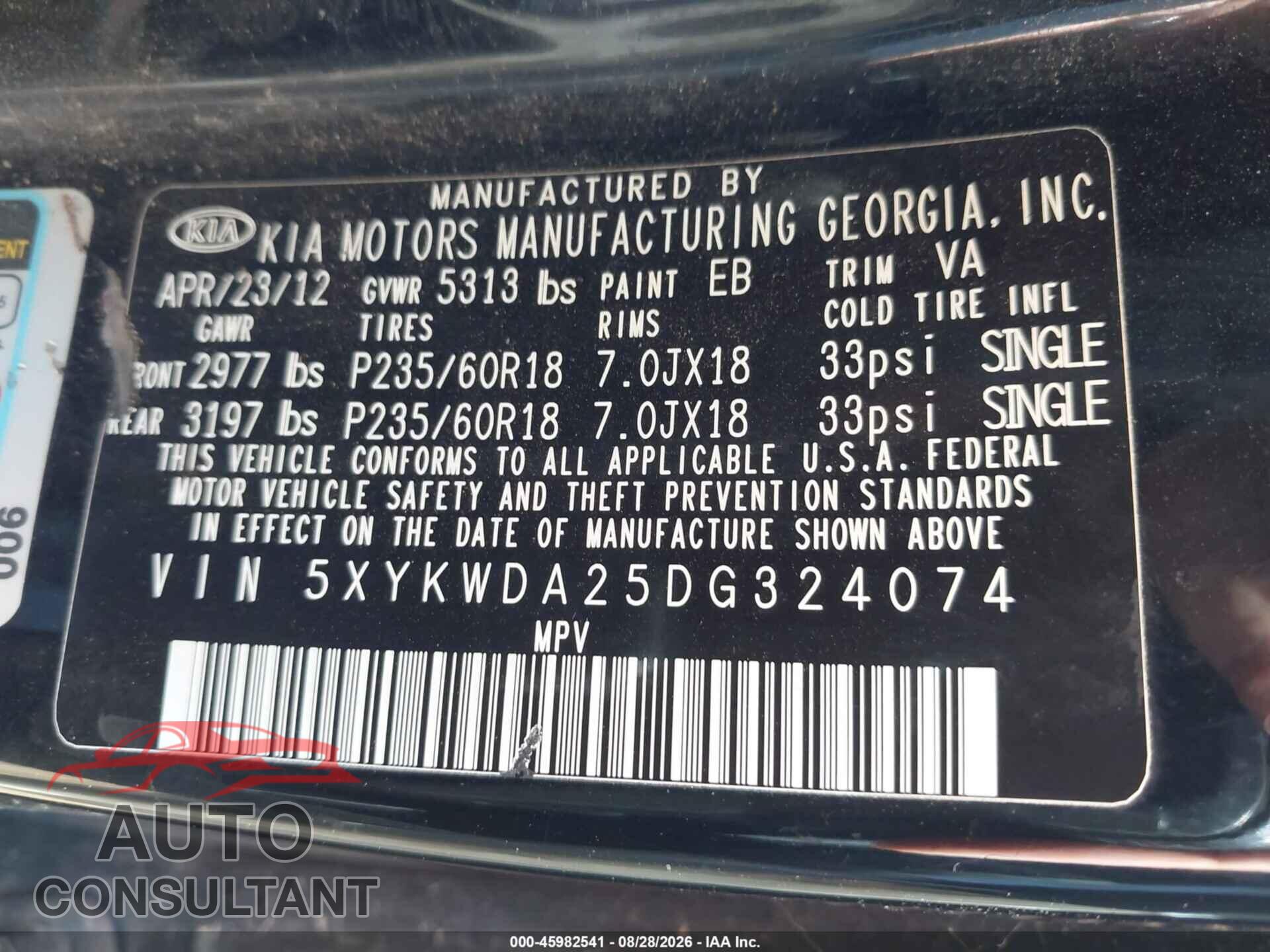 KIA SORENTO 2013 - 5XYKWDA25DG324074