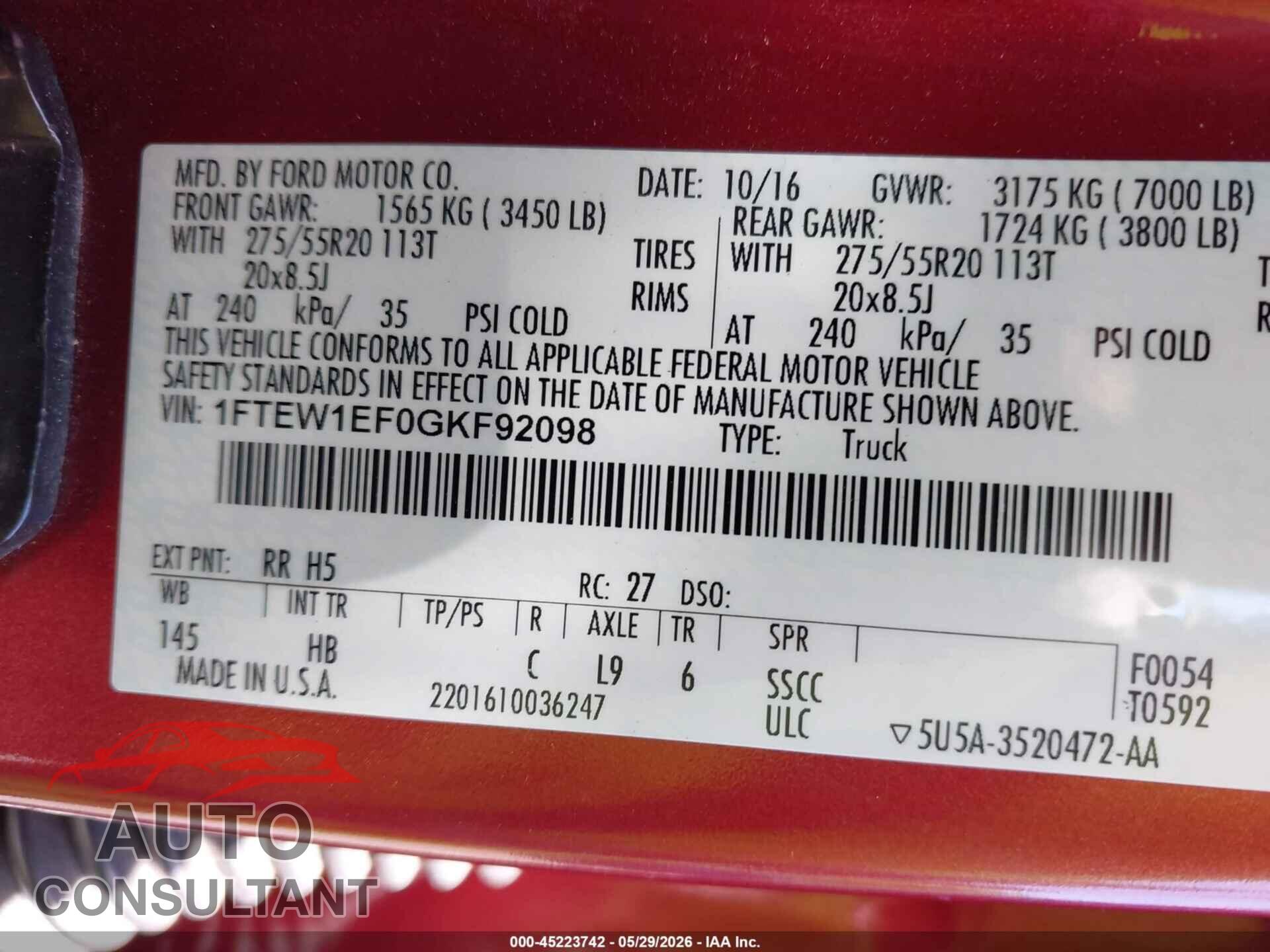 FORD F-150 2016 - 1FTEW1EF0GKF92098