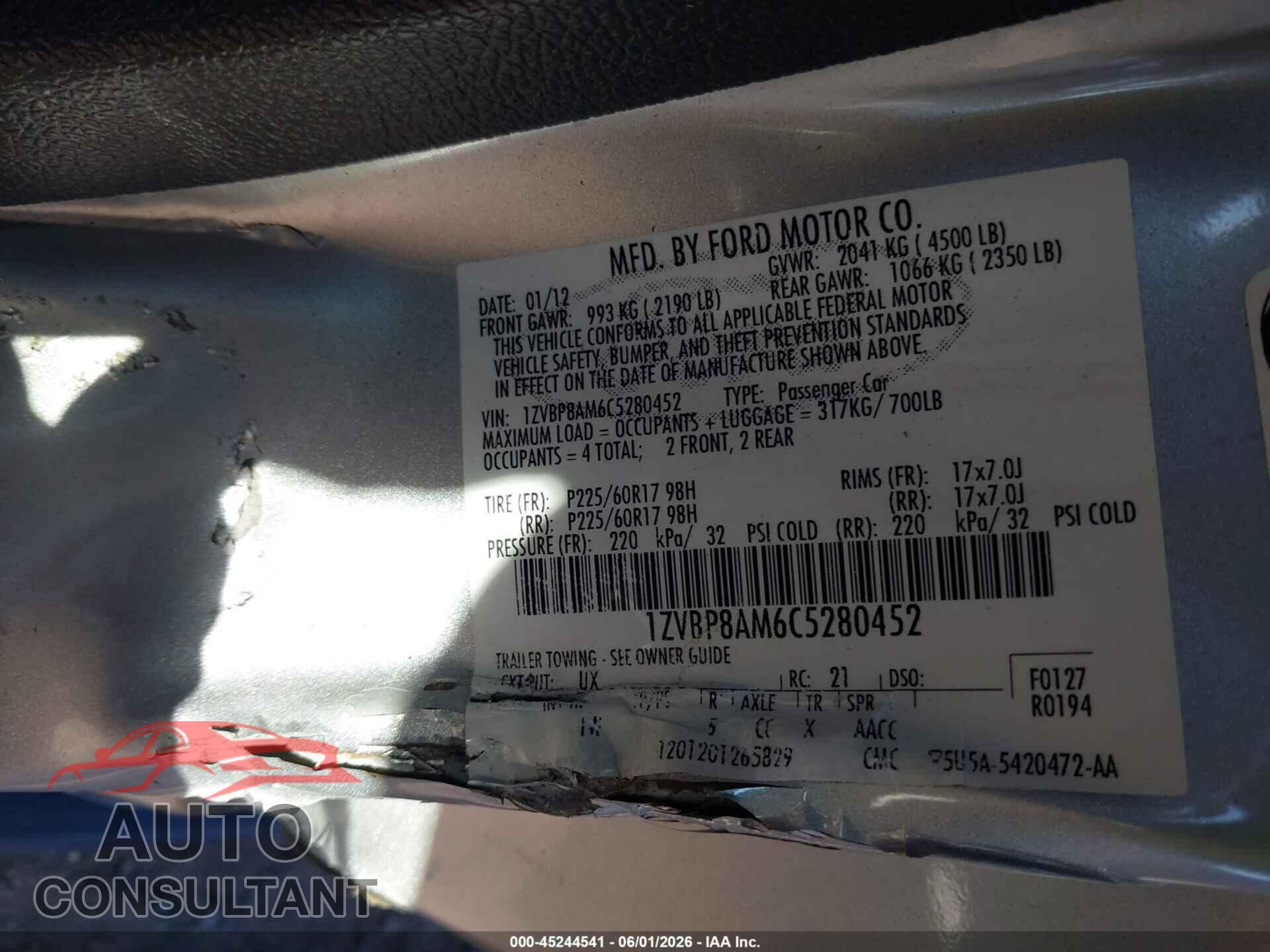 FORD MUSTANG 2012 - 1ZVBP8AM6C5280452