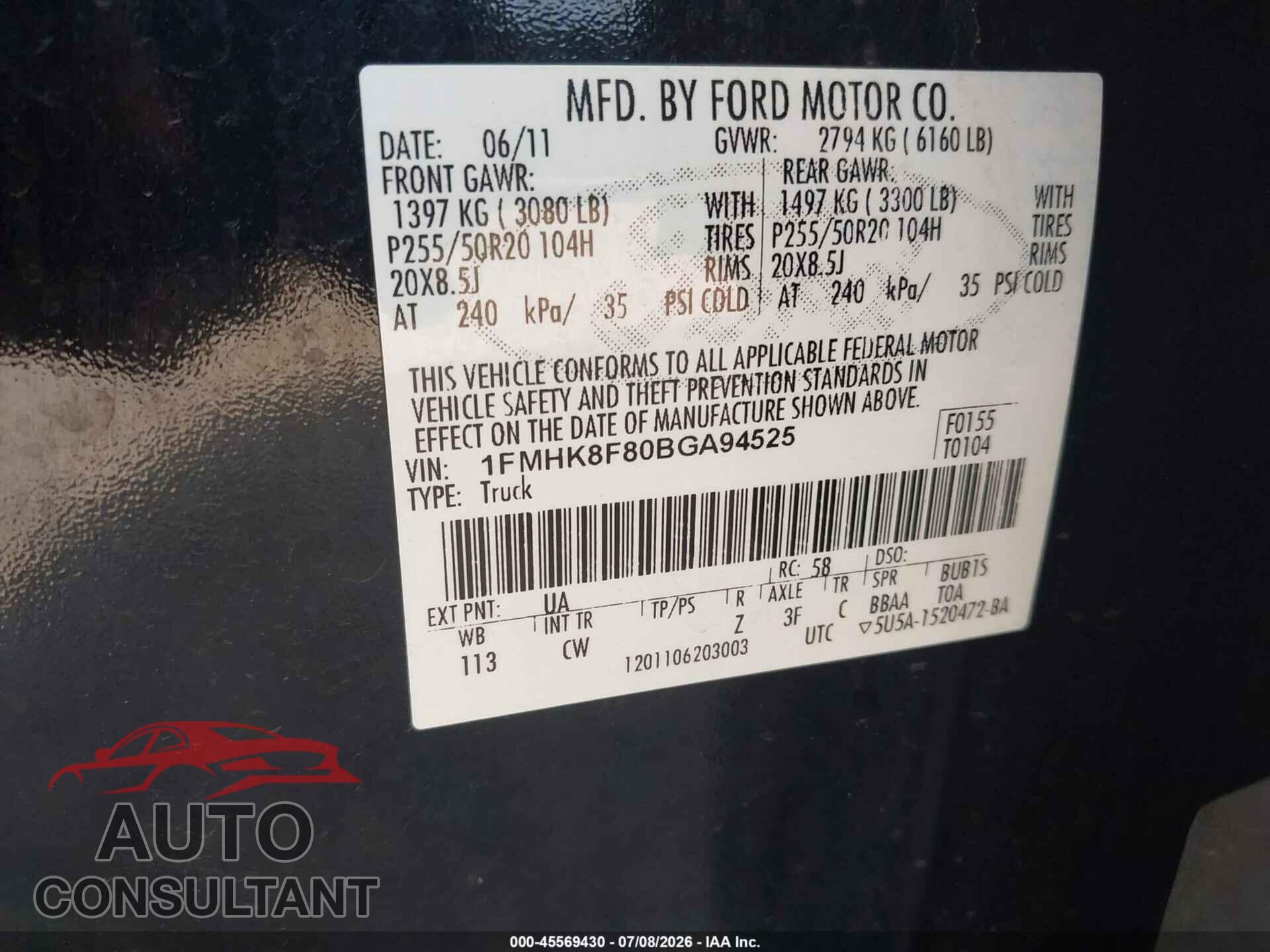 FORD EXPLORER 2011 - 1FMHK8F80BGA94525