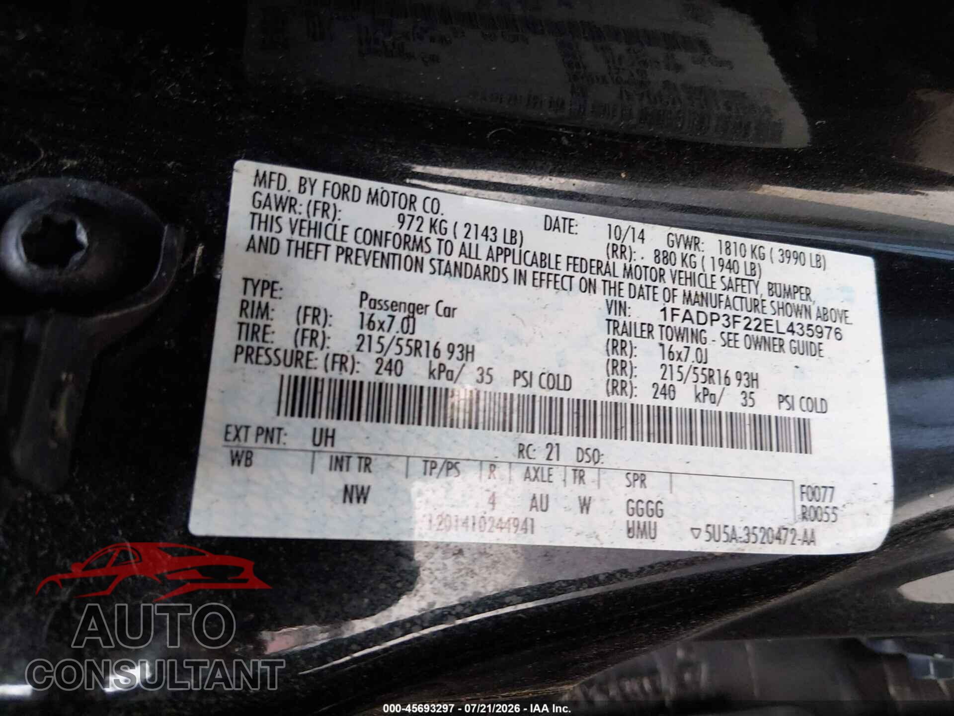 FORD FOCUS 2014 - 1FADP3F22EL435976