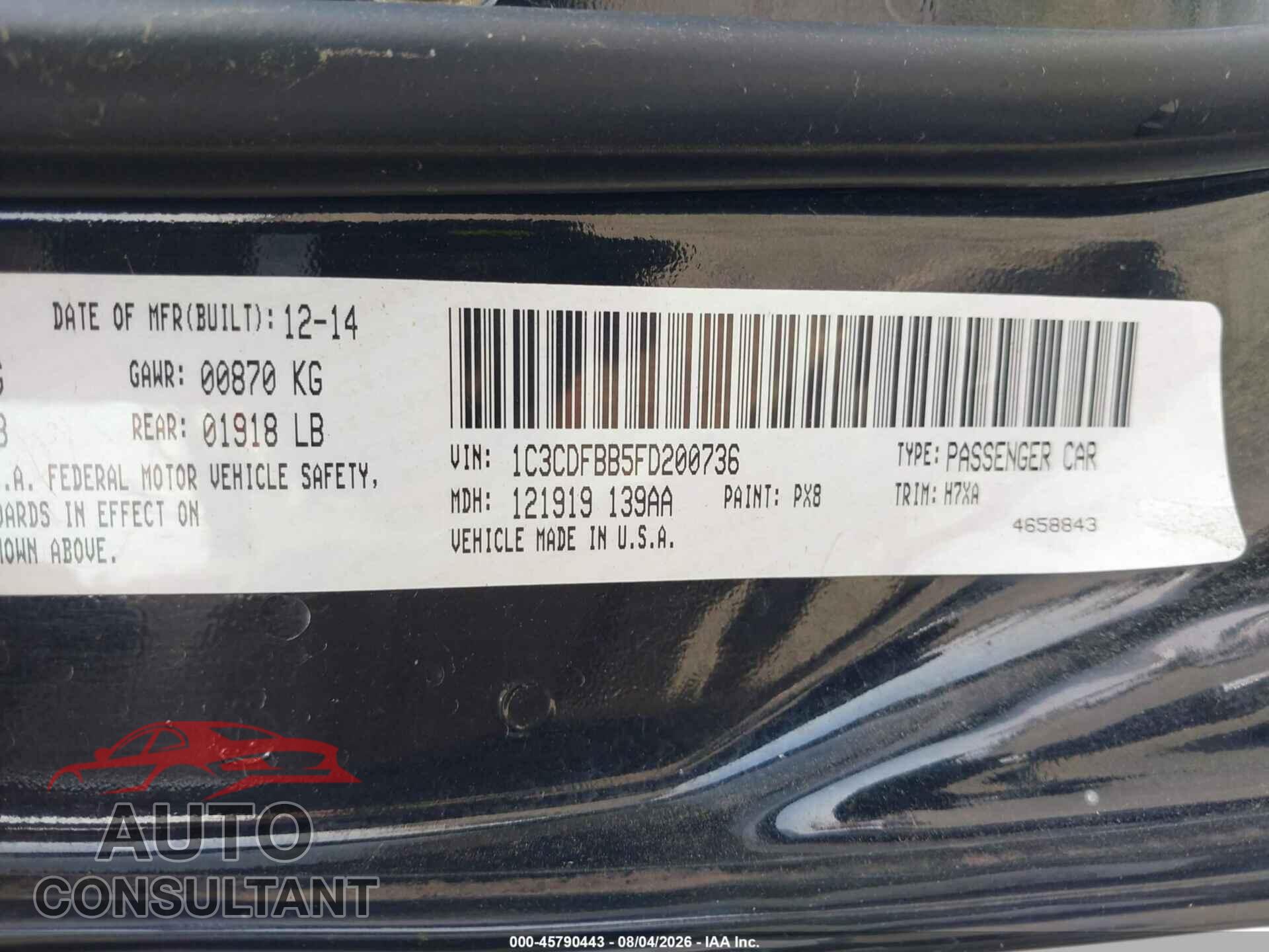 DODGE DART 2015 - 1C3CDFBB5FD200736
