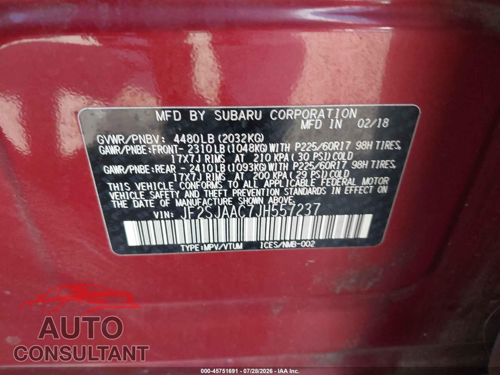 SUBARU FORESTER 2018 - JF2SJAAC7JH557237