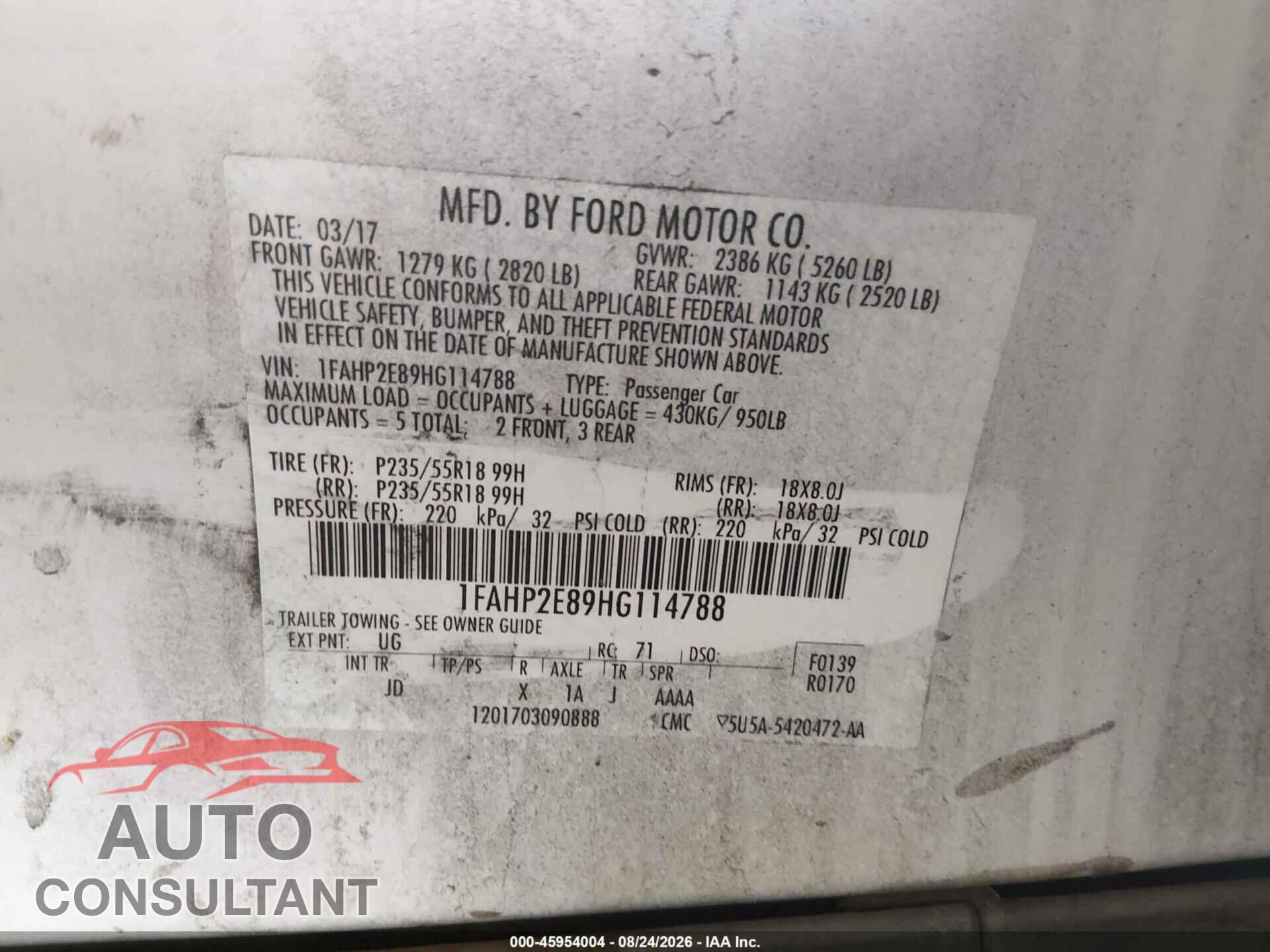 FORD TAURUS 2017 - 1FAHP2E89HG114788
