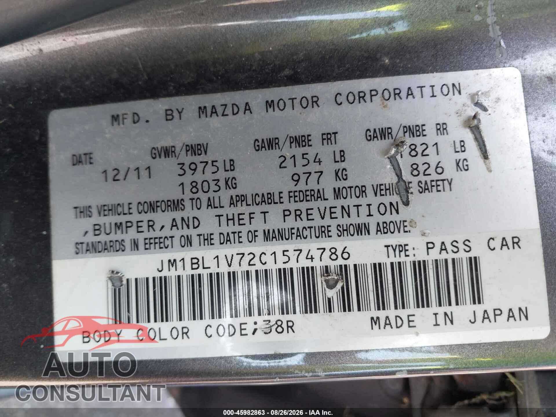 MAZDA MAZDA3 2012 - JM1BL1V72C1574786