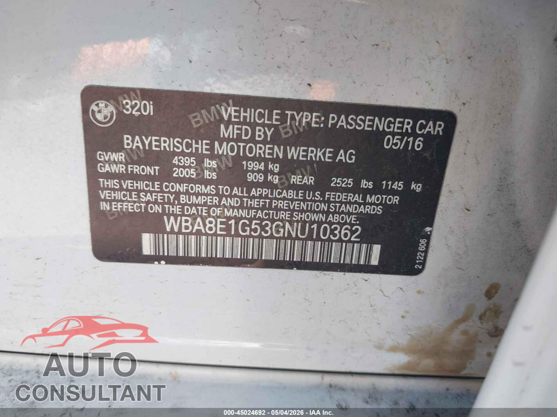BMW 320I 2016 - WBA8E1G53GNU10362