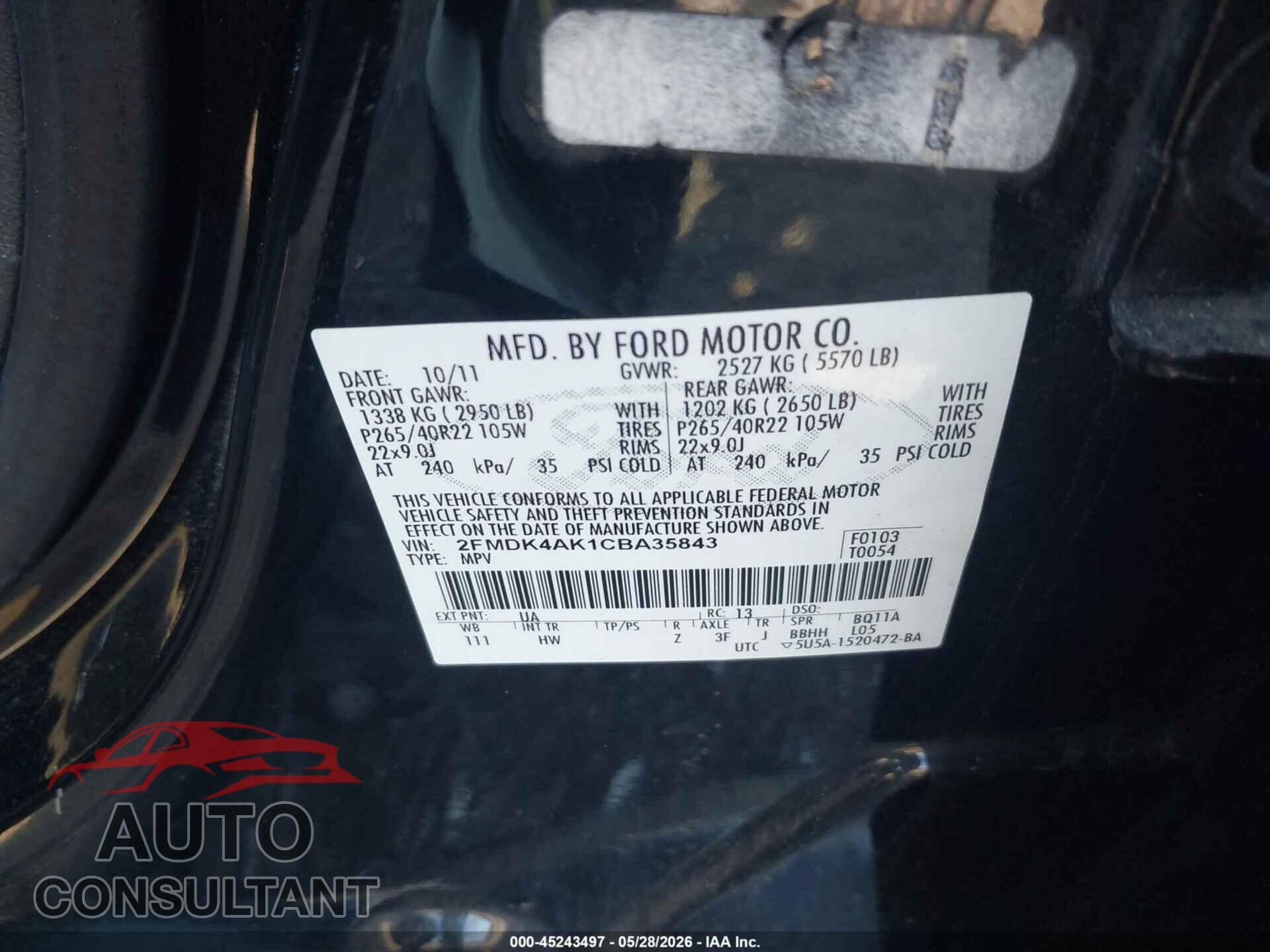 FORD EDGE 2012 - 2FMDK4AK1CBA35843