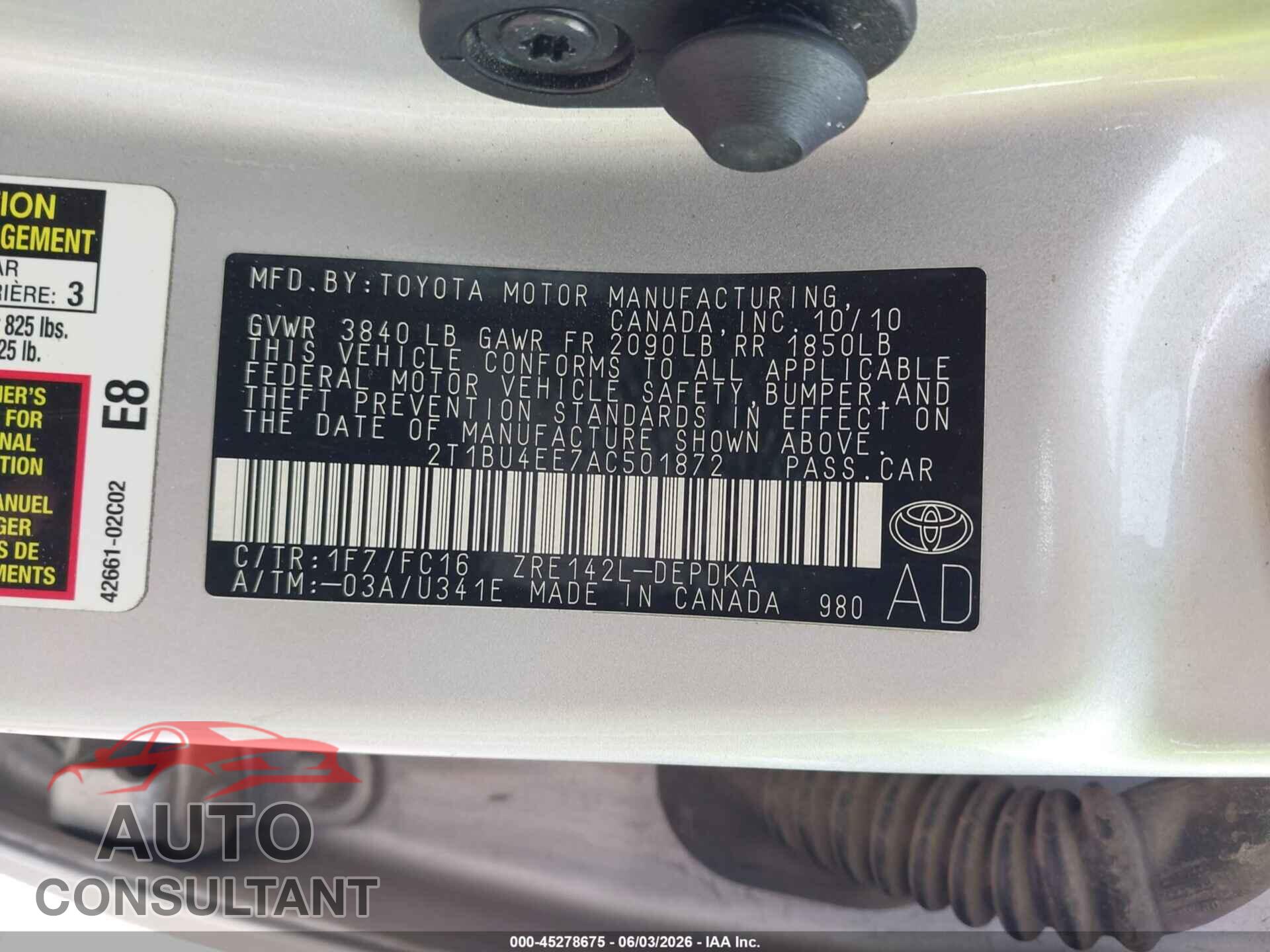 TOYOTA COROLLA 2010 - 2T1BU4EE7AC501872