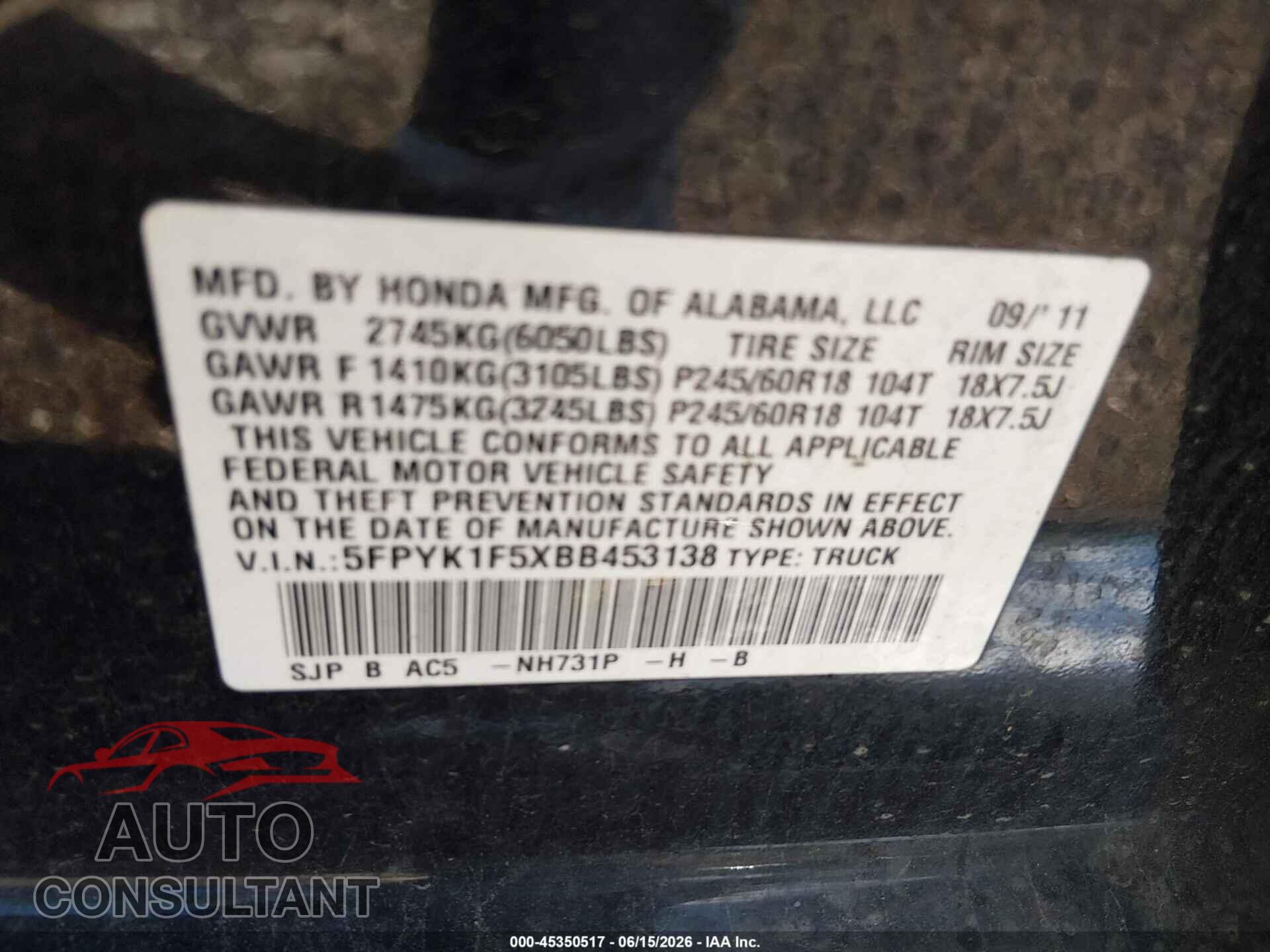 HONDA RIDGELINE 2011 - 5FPYK1F5XBB453138