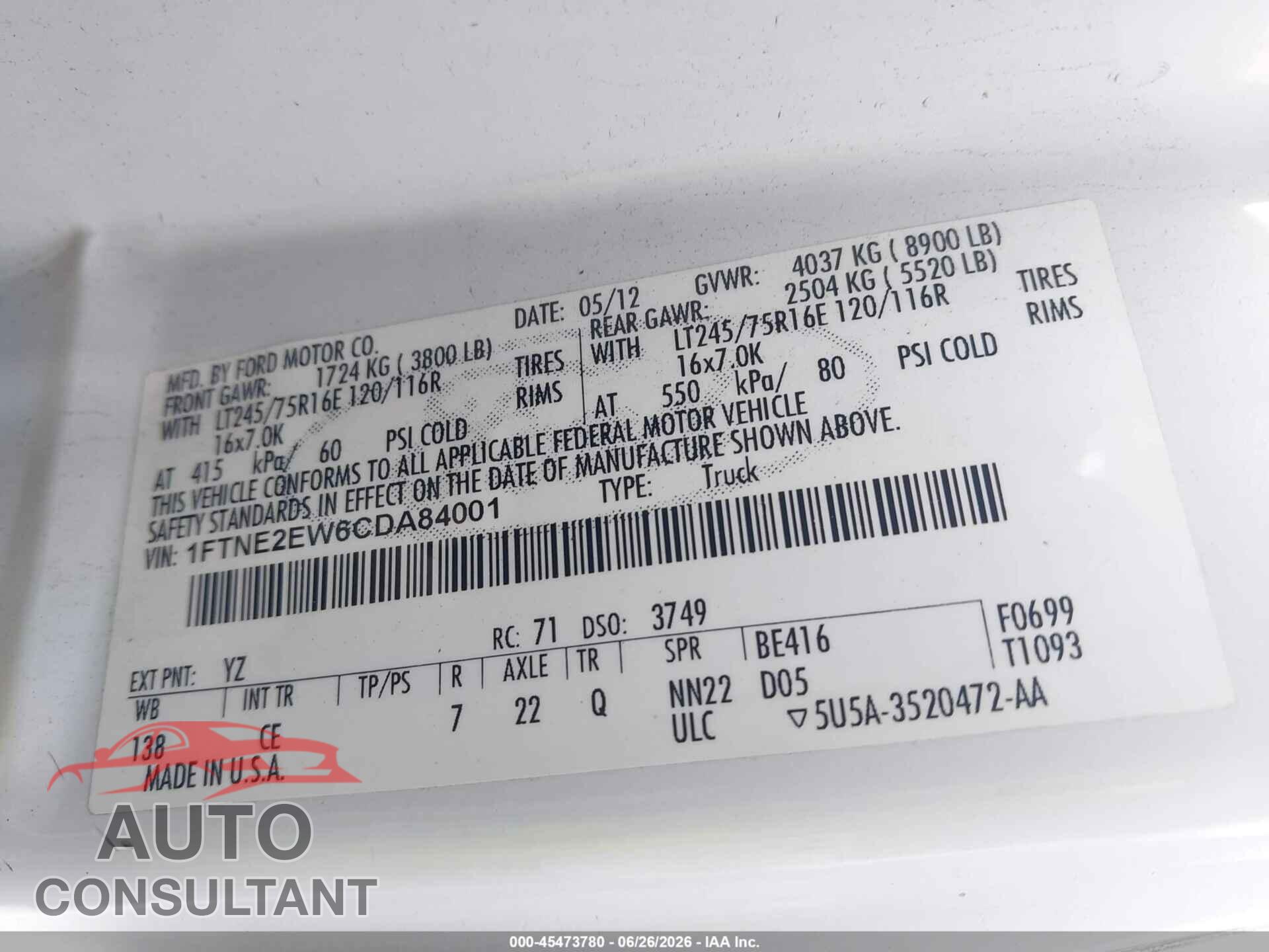 FORD E-250 2012 - 1FTNE2EW6CDA84001
