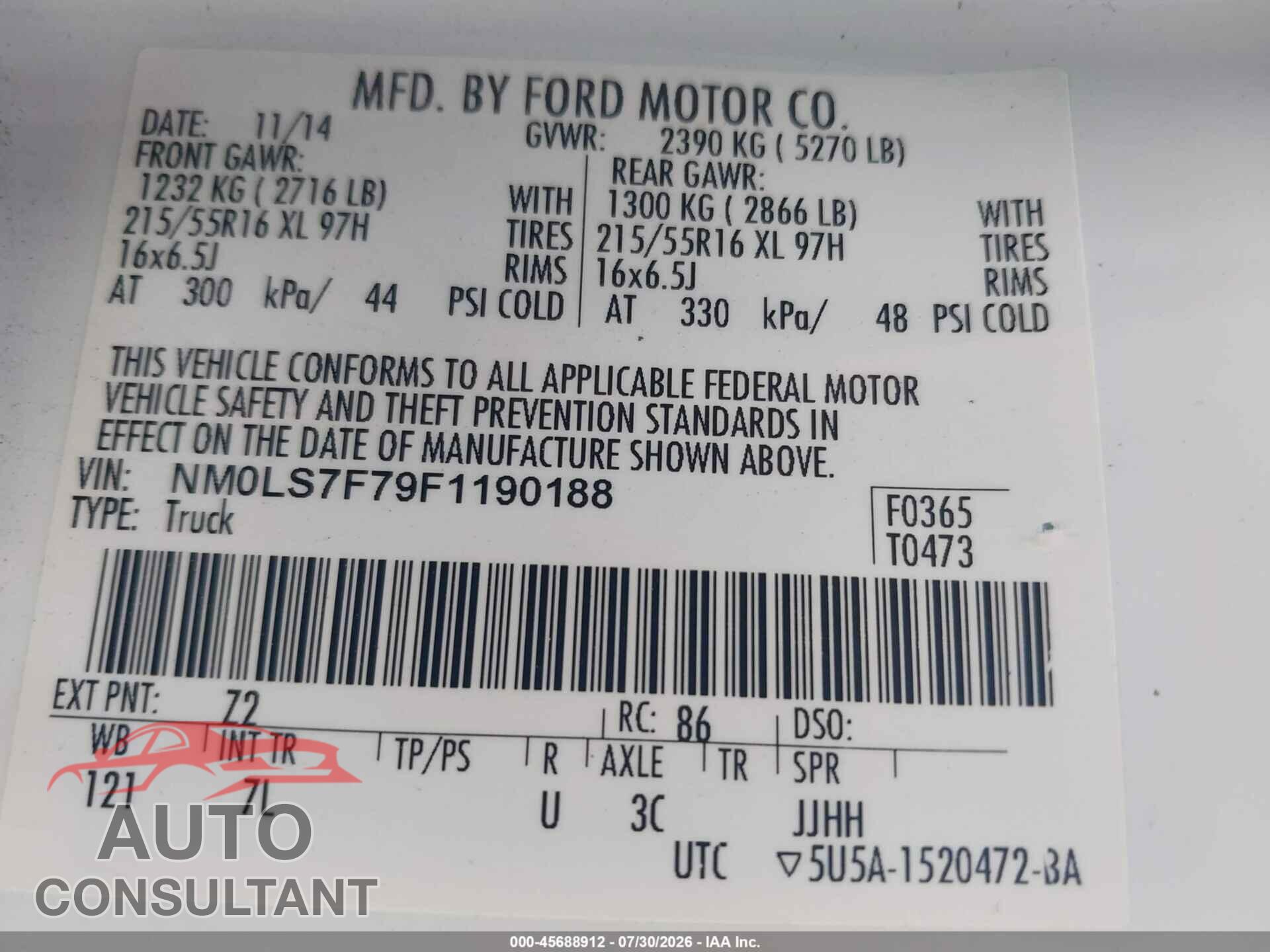 FORD TRANSIT CONNECT 2015 - NM0LS7F79F1190188