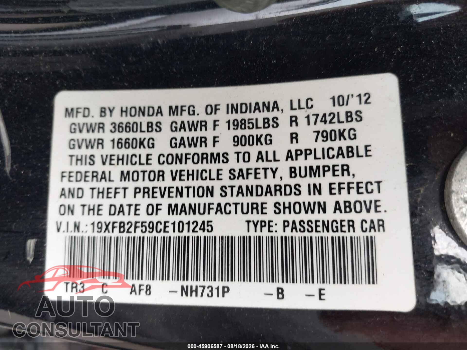 HONDA CIVIC 2012 - 19XFB2F59CE101245