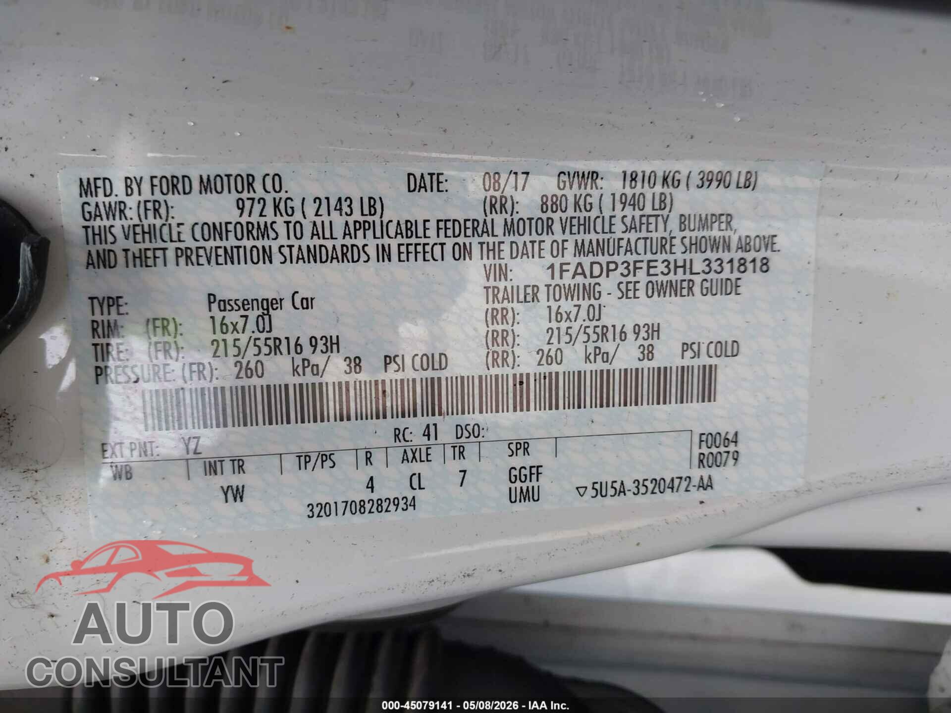 FORD FOCUS 2017 - 1FADP3FE3HL331818