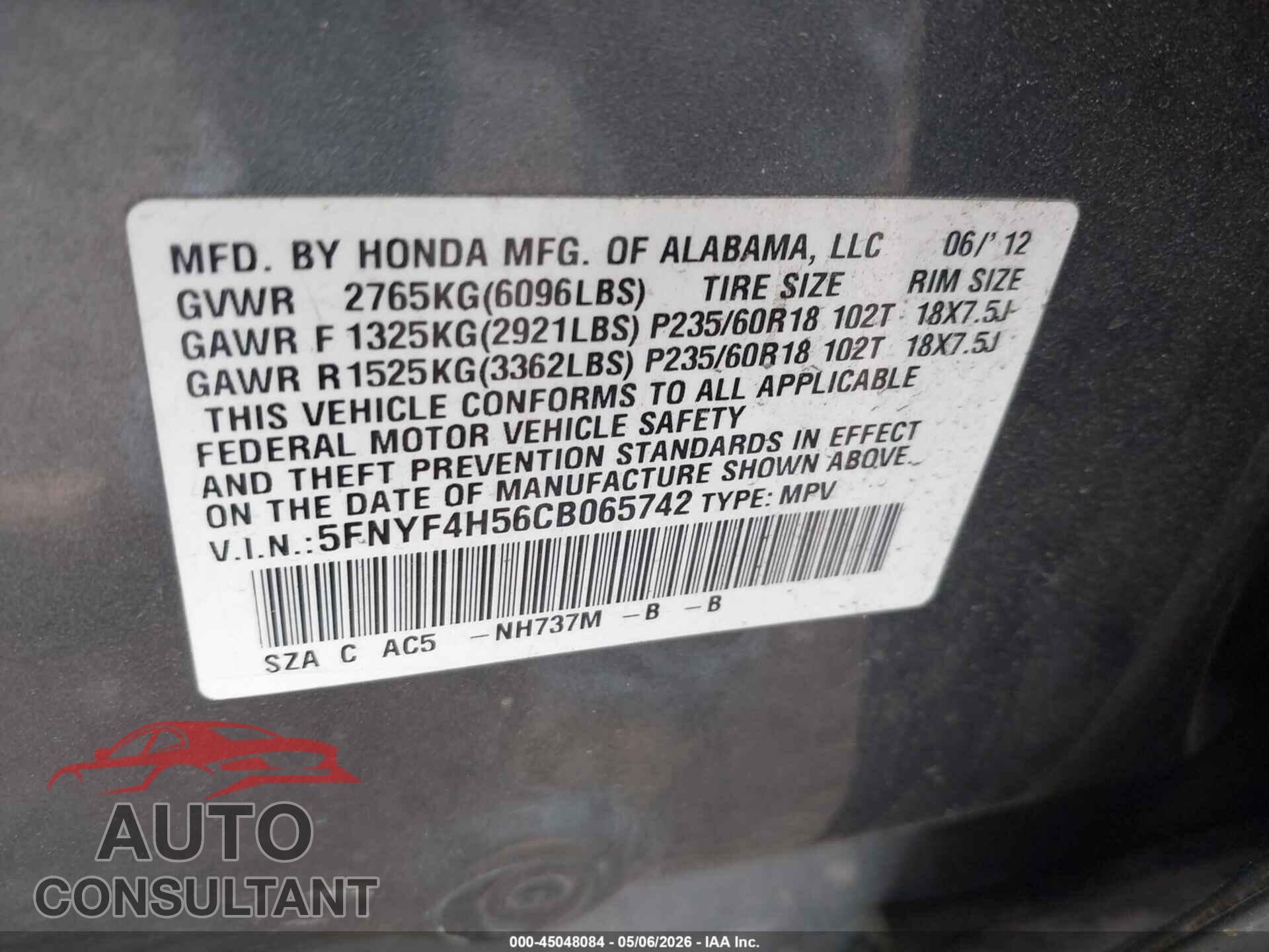 HONDA PILOT 2012 - 5FNYF4H56CB065742