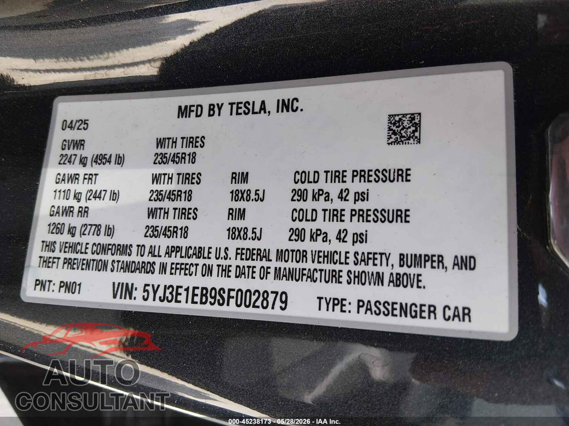 TESLA MODEL 3 2025 - 5YJ3E1EB9SF002879