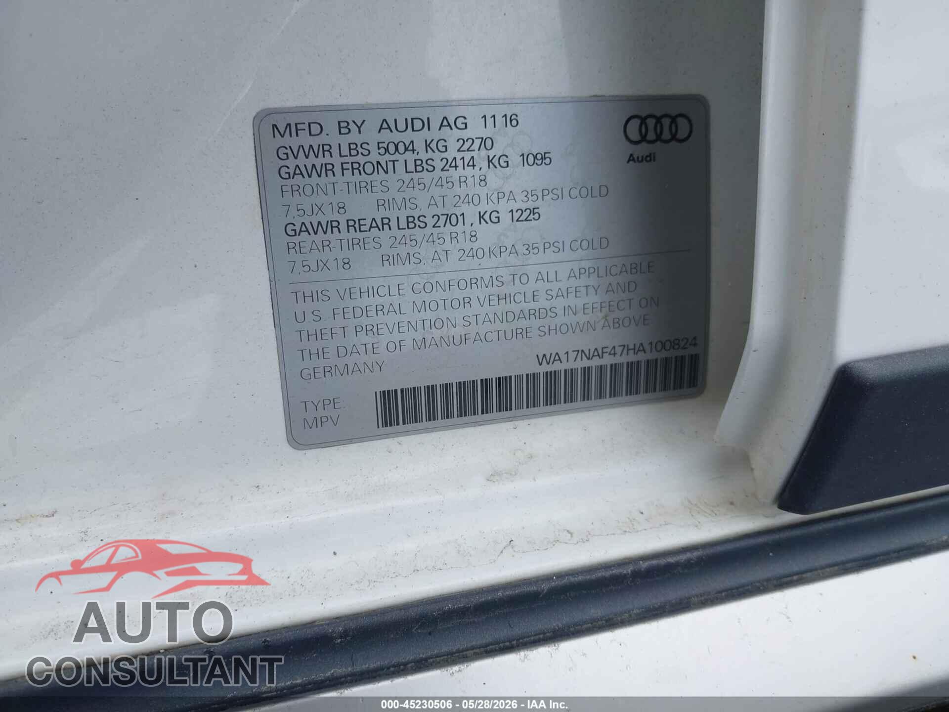 AUDI A4 ALLROAD 2017 - WA17NAF47HA100824