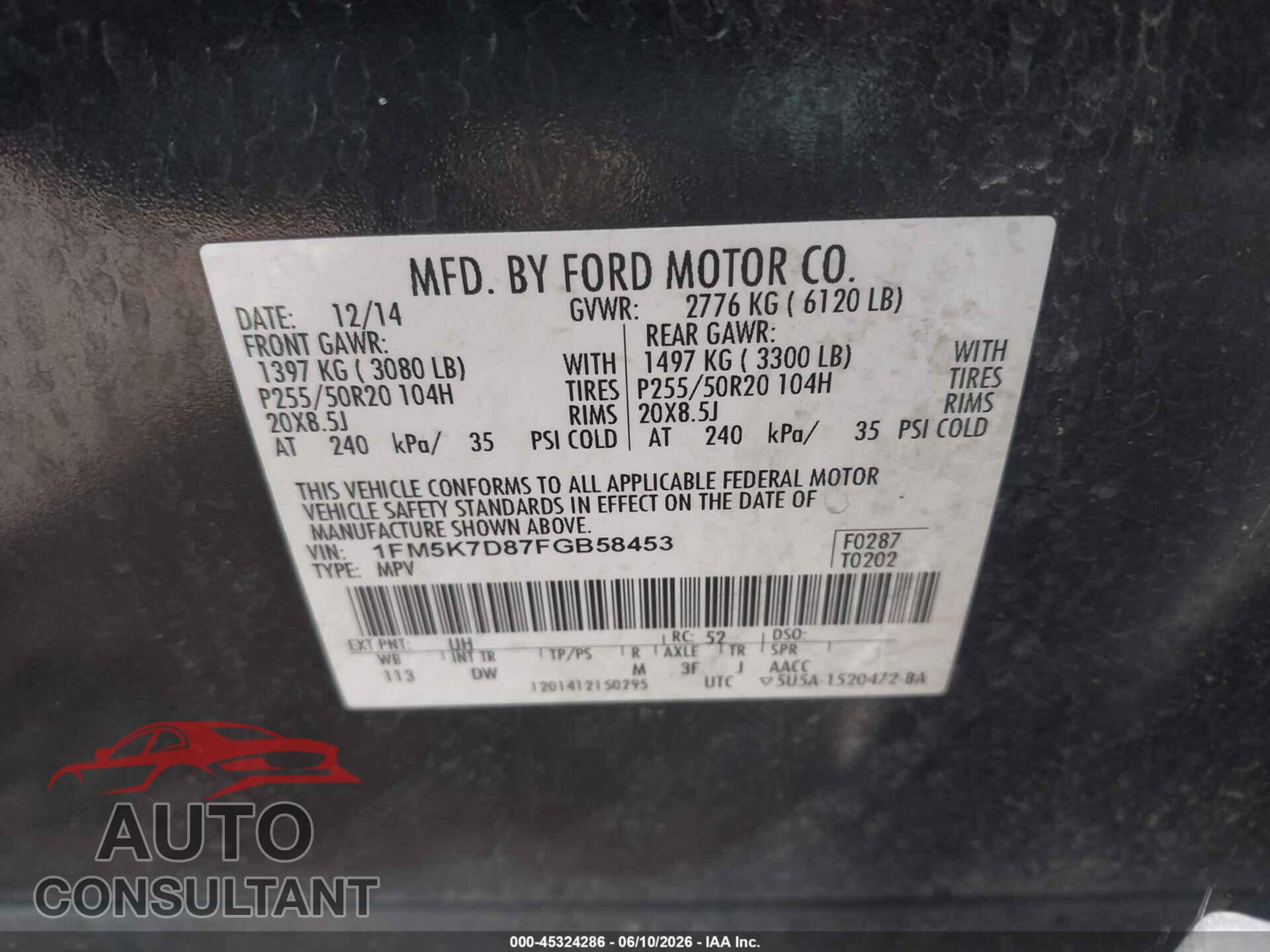 FORD EXPLORER 2015 - 1FM5K7D87FGB58453