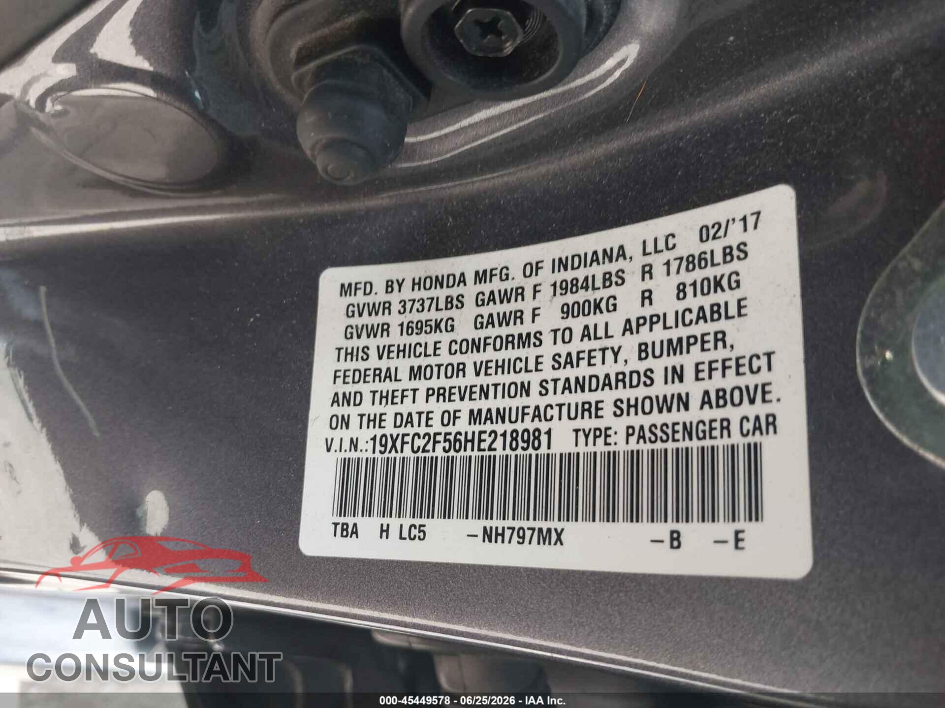 HONDA CIVIC 2017 - 19XFC2F56HE218981