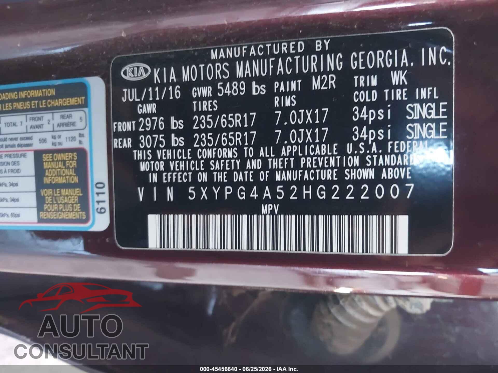 KIA SORENTO 2017 - 5XYPG4A52HG222007