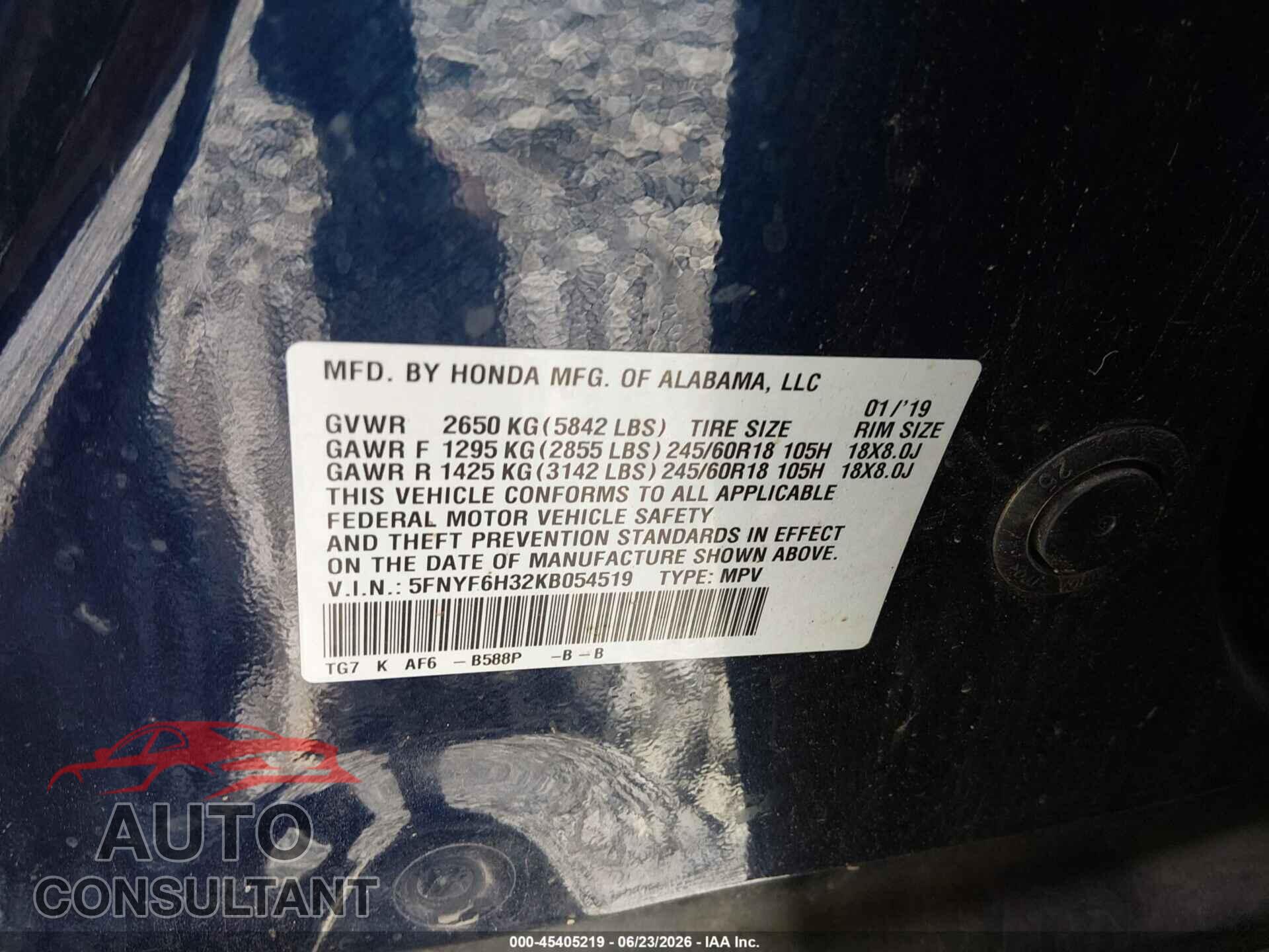 HONDA PILOT 2019 - 5FNYF6H32KB054519