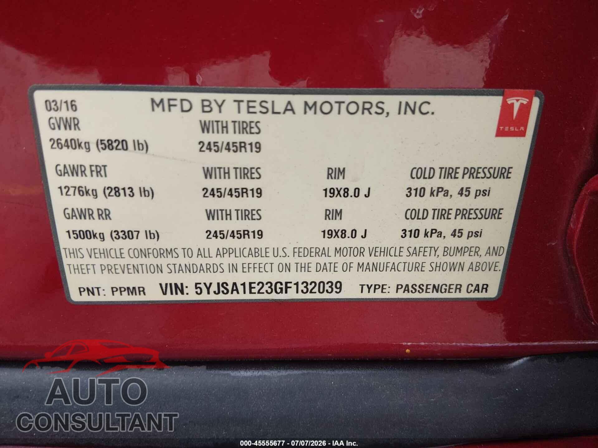 TESLA MODEL S 2016 - 5YJSA1E23GF132039