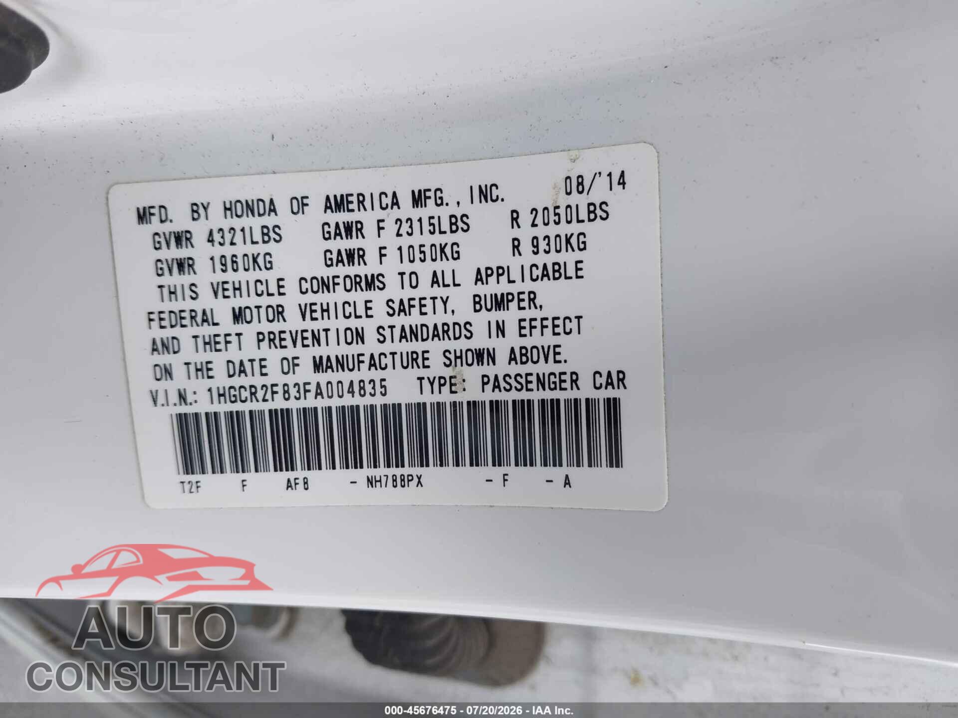 HONDA ACCORD 2015 - 1HGCR2F83FA004835