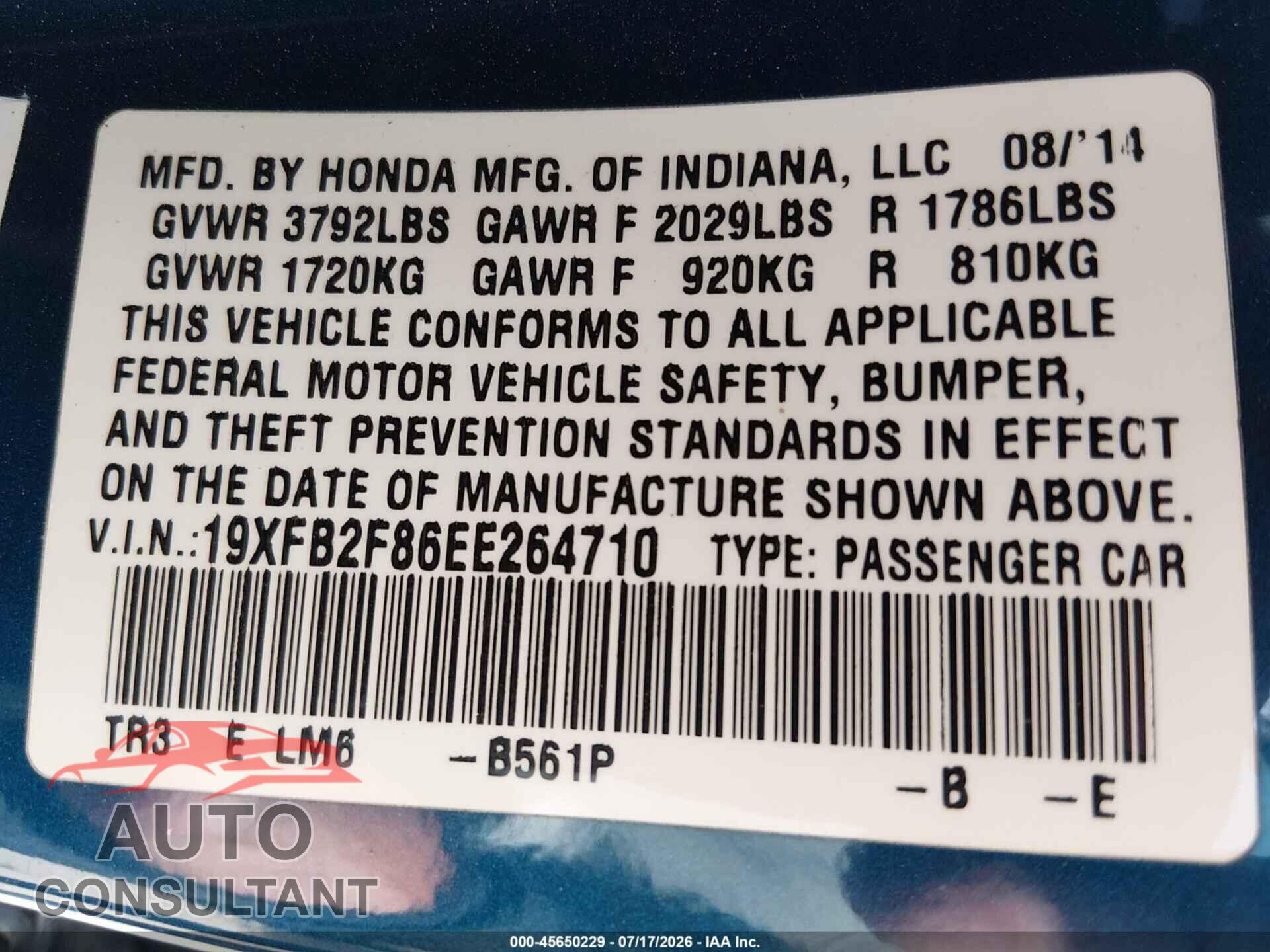 HONDA CIVIC 2014 - 19XFB2F86EE264710