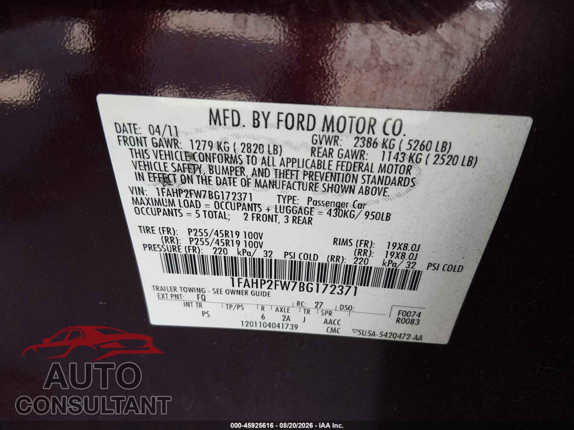 FORD TAURUS 2011 - 1FAHP2FW7BG172371