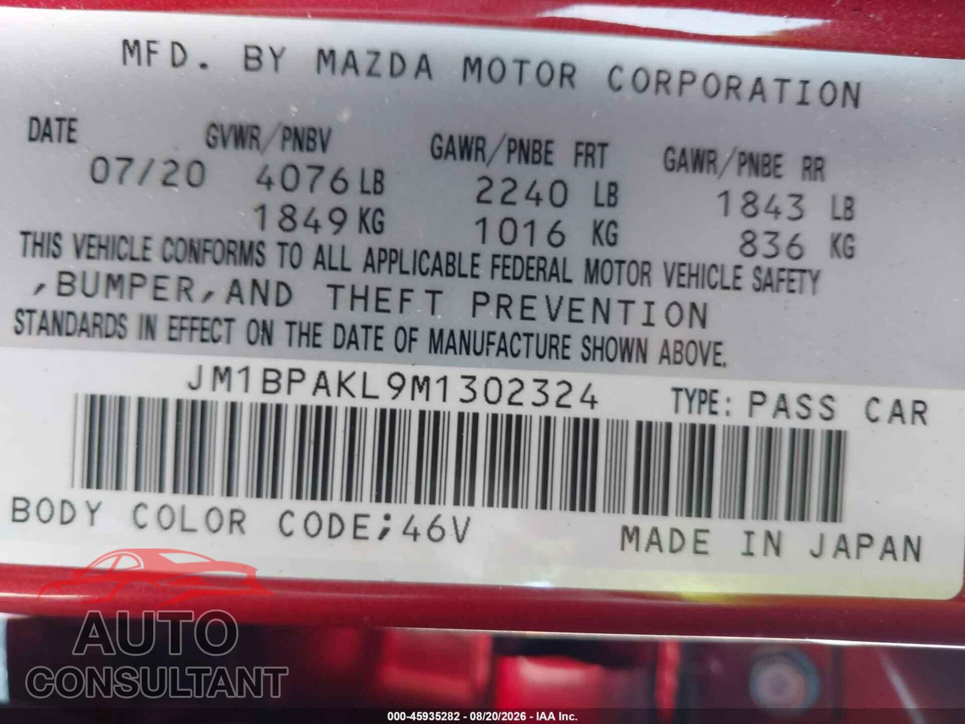 MAZDA MAZDA3 2021 - JM1BPAKL9M1302324