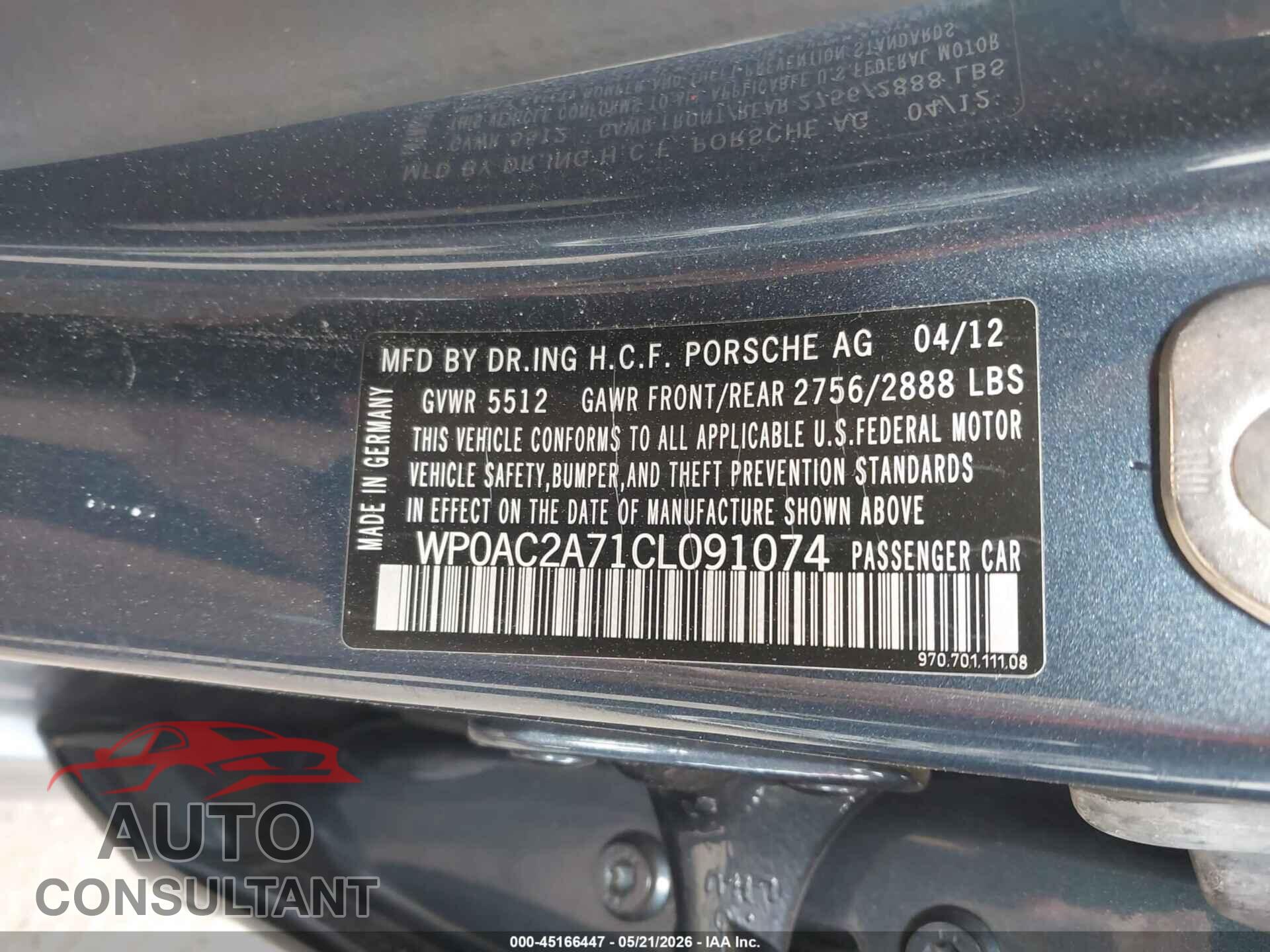 PORSCHE PANAMERA 2012 - WP0AC2A71CL091074